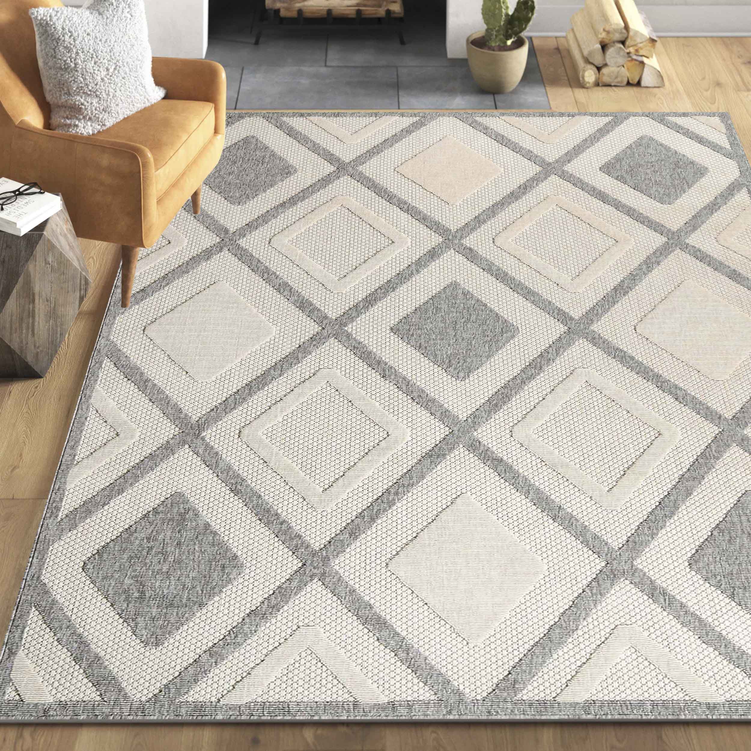 Daelyn Modern Diamond Lattice Indoor Outdoor Area Rug - Non-Slip Soft Living Room Bedroom Rug for Home Decor