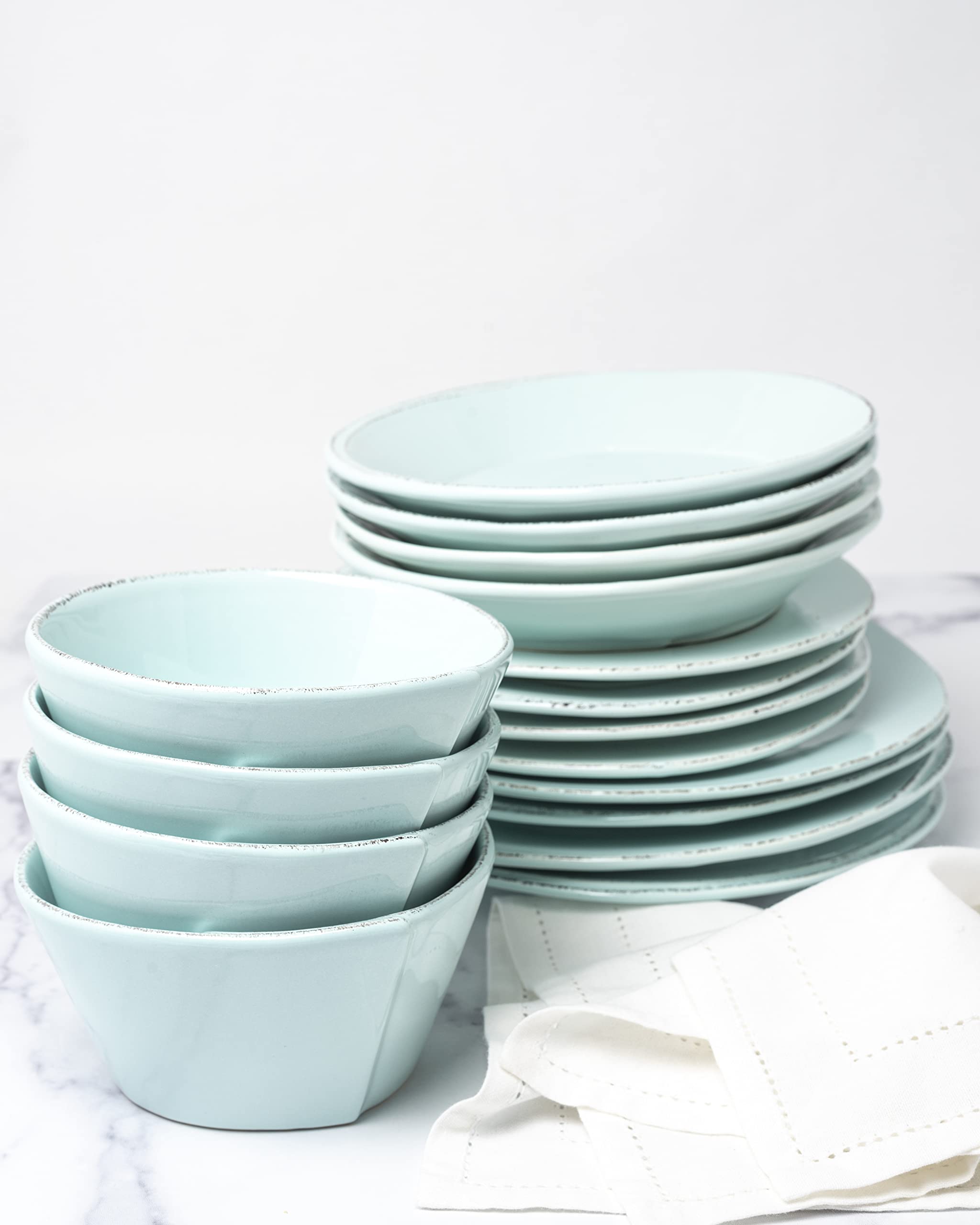 Vietri Aqua 4-Piece Dinnerware Set - Blue Stoneware Plates & Bowls, Microwave & Dishwasher Safe for Everyday Dining & Entertaining