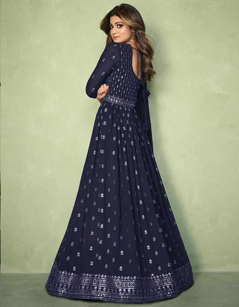 Elegant Blue Anarkali Style Dress - Faux Georgette Fabric for Women | Perfect for Weddings, Parties & Festive Occasions