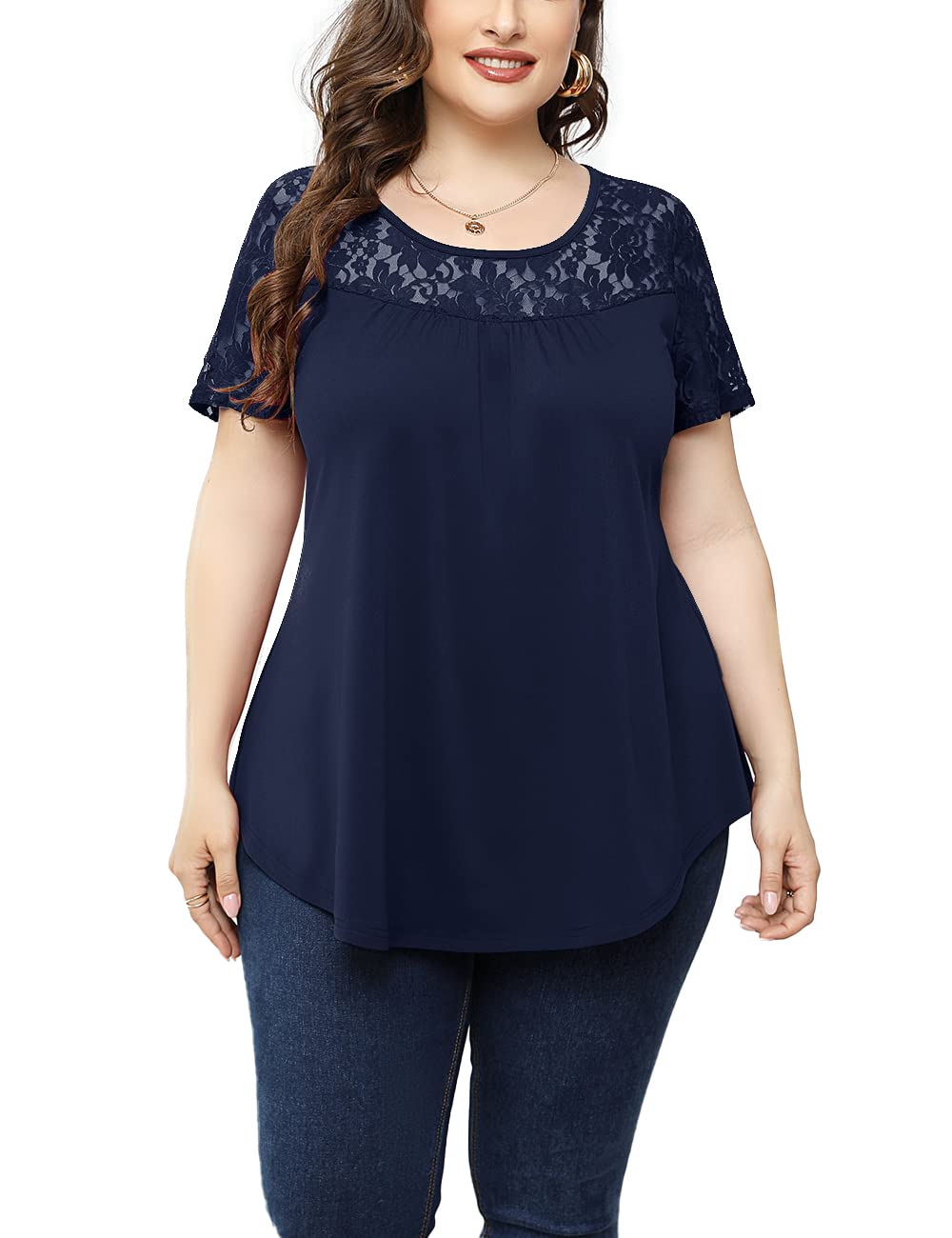 GNAILEUE Women's Plus Size Short Sleeve Pleated Blouse - Round Neck Flowy Tunic Top for Casual Wear & Office Outfits | Summer Comfort Shirt
