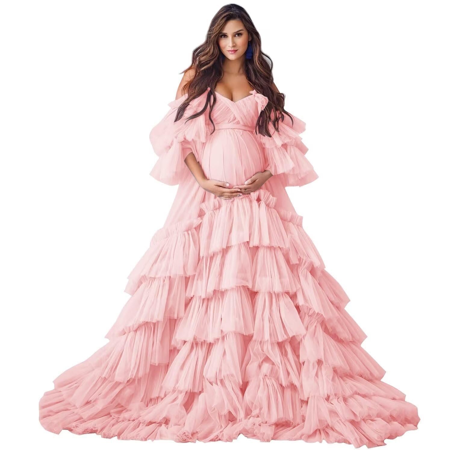 Elegant Ruffles Puffy Tulle Maternity Dress for Photoshoot | Off Shoulder Bridal Lingerie & Baby Shower Pregnancy Robe | Perfect for Maternity Photos, Bridal Showers & Special Occasions