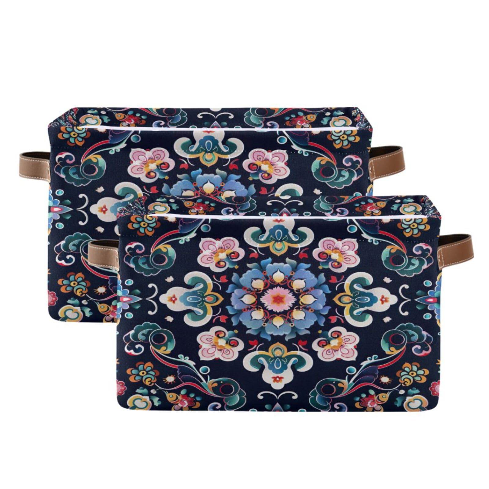 Qilmy Mandala Storage Basket 2-Pack - Foldable Canvas Rectangular Organizer with Leather Handles for Closet, Office, Nursery & Home Decor | Perfect for Toy Storage, Blanket Organization & Shelf Bins