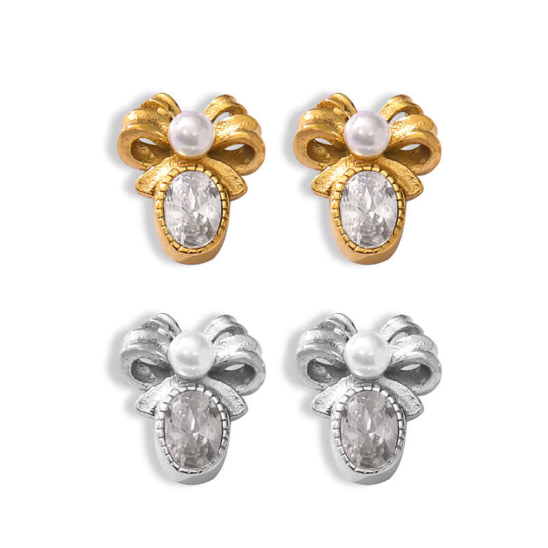 Antique Pearl Bow French Style Stud Earrings for Women - Vintage Gold Plated Jewelry Gift - F1472 | Perfect for Weddings, Parties & Special Occasions