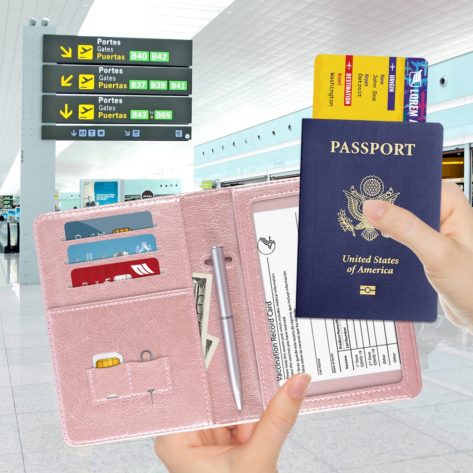 Premium PU Leather RFID Blocking Passport Holder & Travel Wallet - Secure Magnetic Closure Passport Cover Case with Free Mini Pen - Rose Gold Travel Document Organizer for Women & Men | Perfect for Airports, Business Trips & International Travel