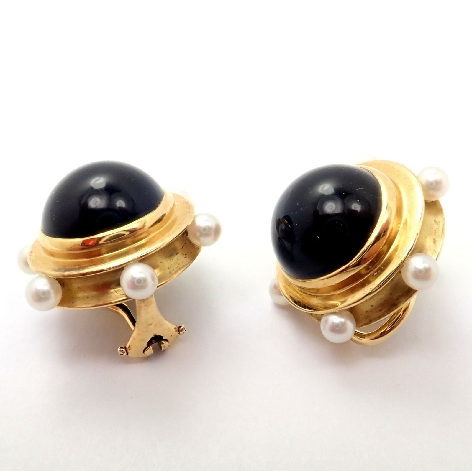 Vintage Authentic Tiffany & Co. 18k Yellow Gold Pearl & Onyx Earrings - Rare Luxury Jewelry for Women, Elegant Gift for Anniversary, Wedding & Special Occasions