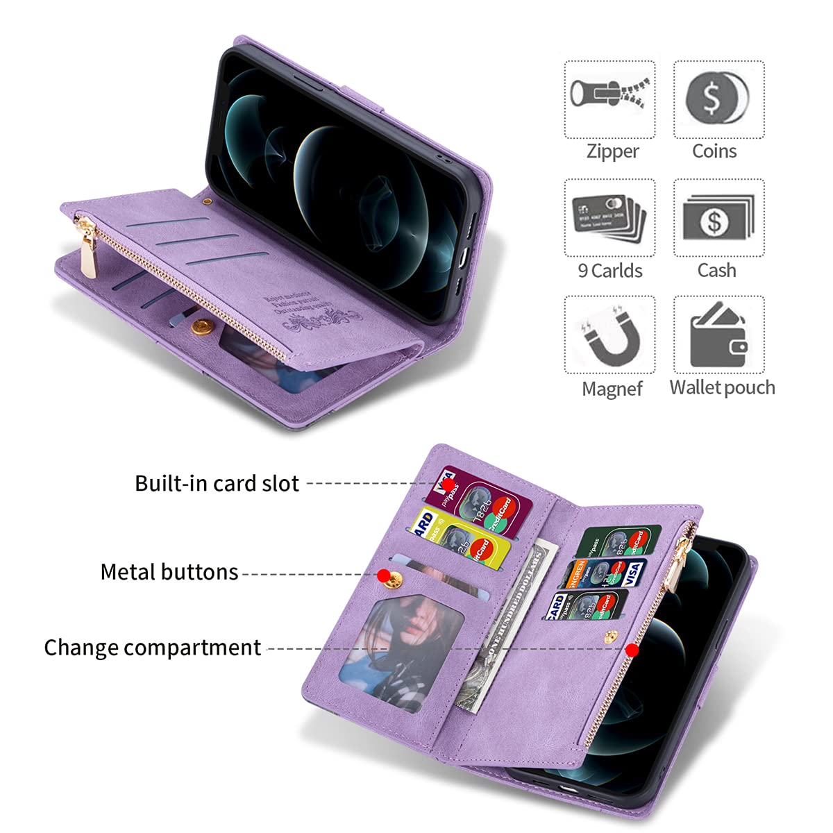 Premium Leather Wallet Case for Samsung Galaxy S22 Ultra - 9 Card Slots & Zipper Pocket with Handbag Wristlet, Flip Cover (Purple) - Perfect for Business, Travel & Everyday Protection