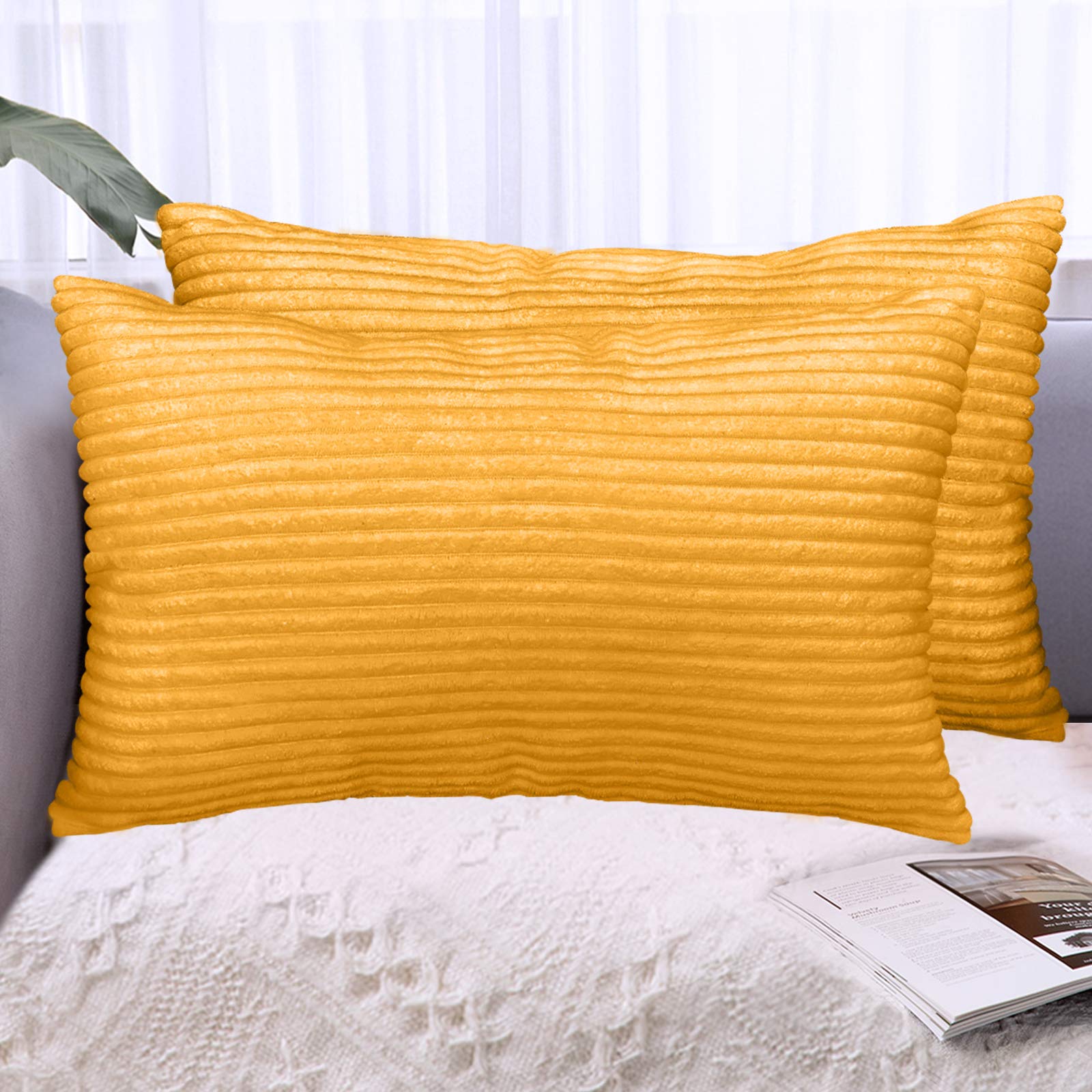 LHKIS Corduroy Throw Pillow Covers 12x20 Inch - Set of 2, Yellow Farmhouse Decorative Cushion Covers for Couch, Sofa, Bedroom & Car - Soft & Stylish Home Decor Accent