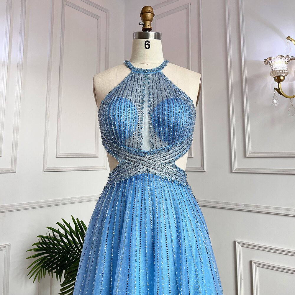 Serene Hill Blue Sexy A-Line Beaded Halter Prom Dress 2025 | Elegant Graduation & School Party Gown | Celebrity-Inspired Formal Evening Wear for Dances & Special Occasions