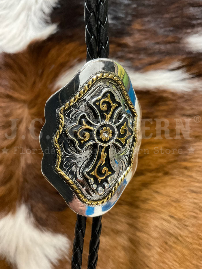 Fashionwest AC69G Western Bolo Tie with Cross on Shield Design in Gold and Silver - Perfect for Cowboy, Western, and Vintage Style Outfits