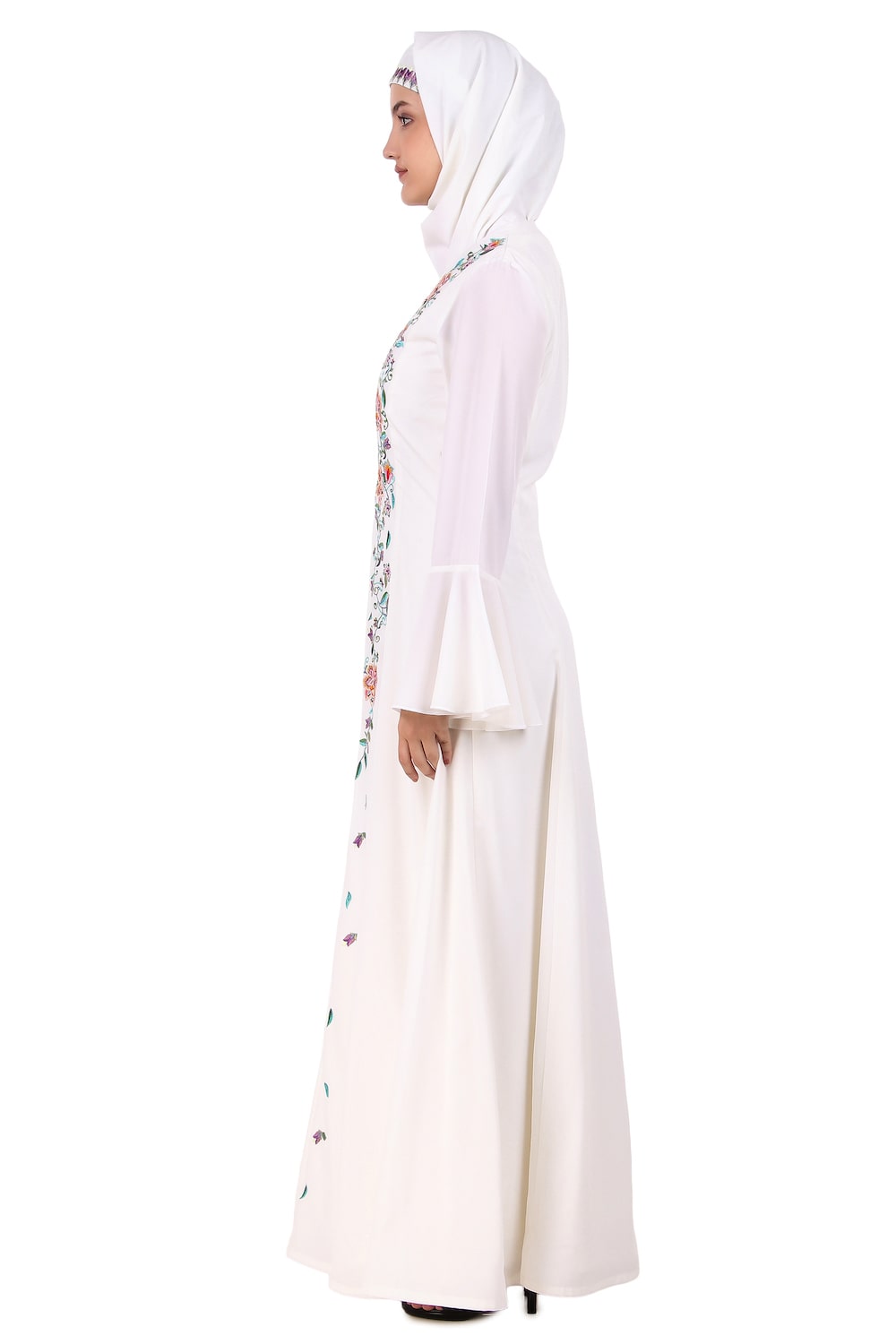 Hand Embroidered Princess Seam White Abaya - Elegant Muslim Prayer Dress for Women | Perfect for Eid, Ramadan & Special Occasions