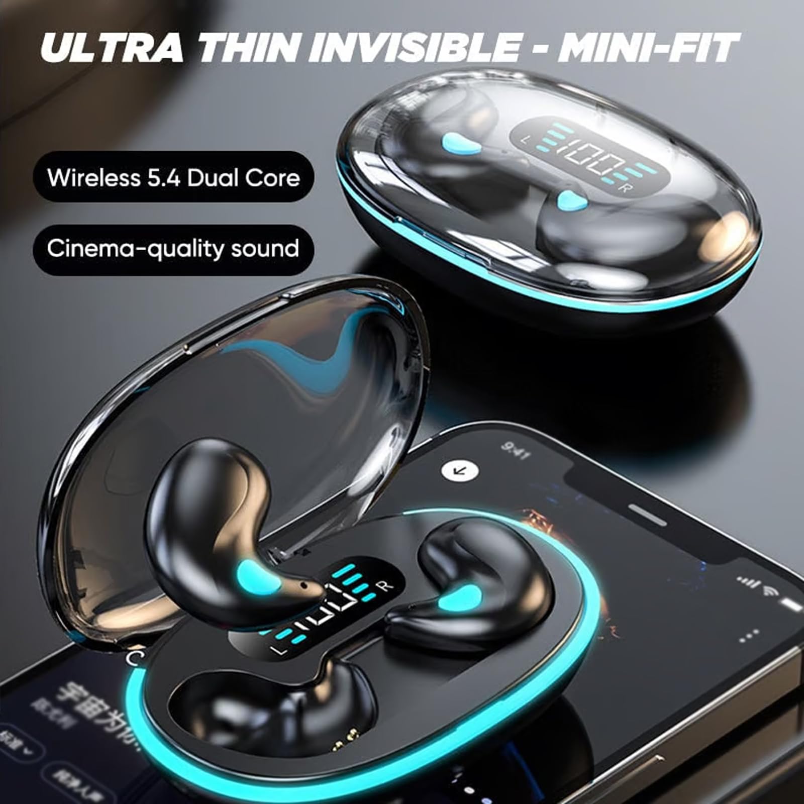 Wireless Bone Conduction Sleep Headphones Bluetooth 5.3 with Noise Cancellation, Invisible In-Ear Earbuds for Sports & Running, IPX5 Waterproof with LED Digital Display Charging Case (Black) - Perfect for Sleeping, Gym Workouts and Nighttime Jogging
