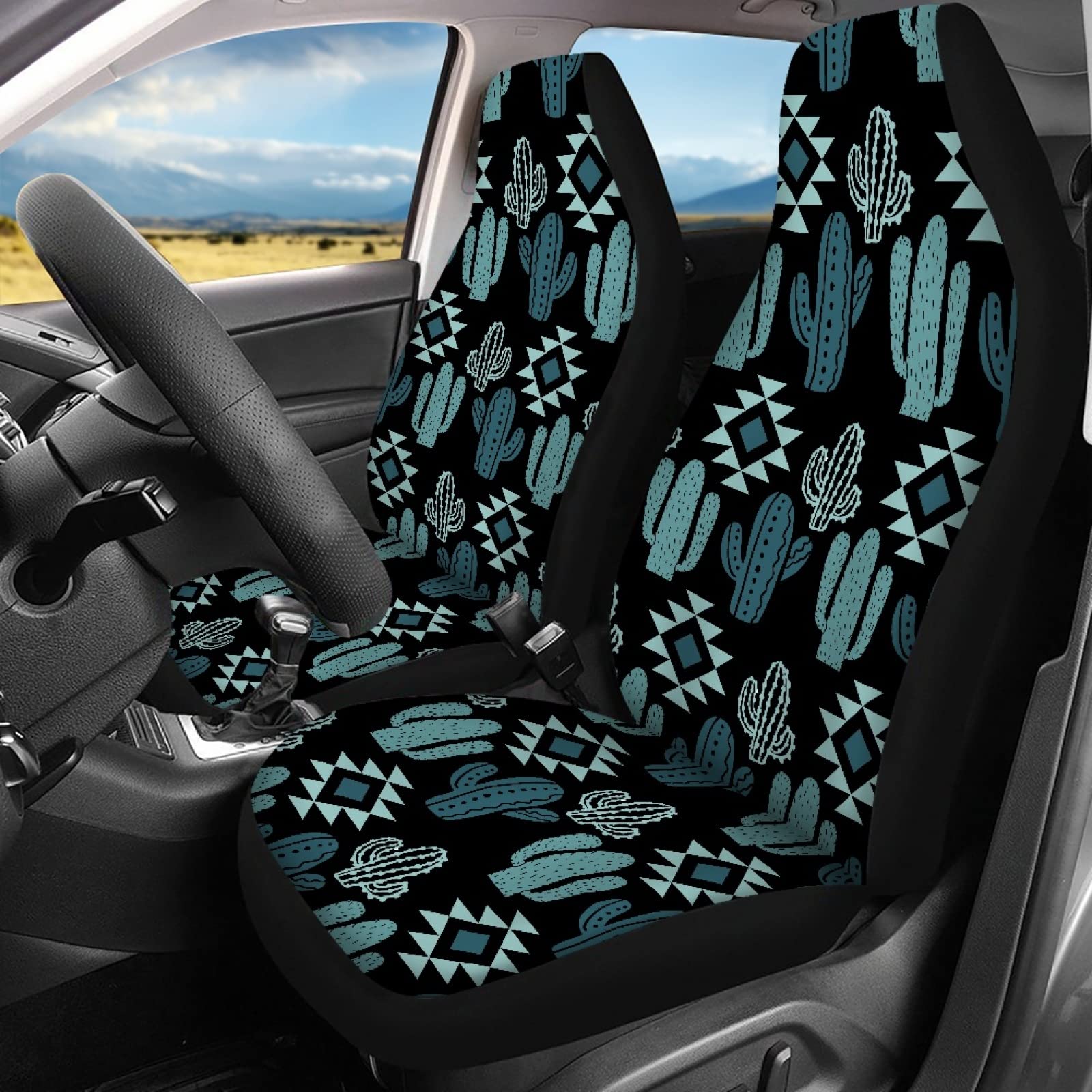 Bulopur Green Aztec Cactus Pattern 7-Piece Car Seat Cover Set - Front & Back Seat Protectors, Steering Wheel Cover, Coasters | Anti-Scratch, Dustproof Interior Decor for SUV, Truck, Sedan | Perfect for Road Trips & Daily Commute