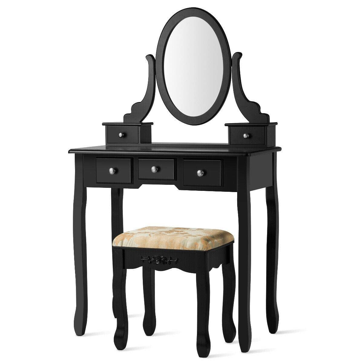 Black Vanity Table Set with 5 Drawers & Stool - Portable Makeup Dressing Desk for Bedroom, Beauty Salon & Home Decor - Institu Vanity Desk with Side Tables & Storage