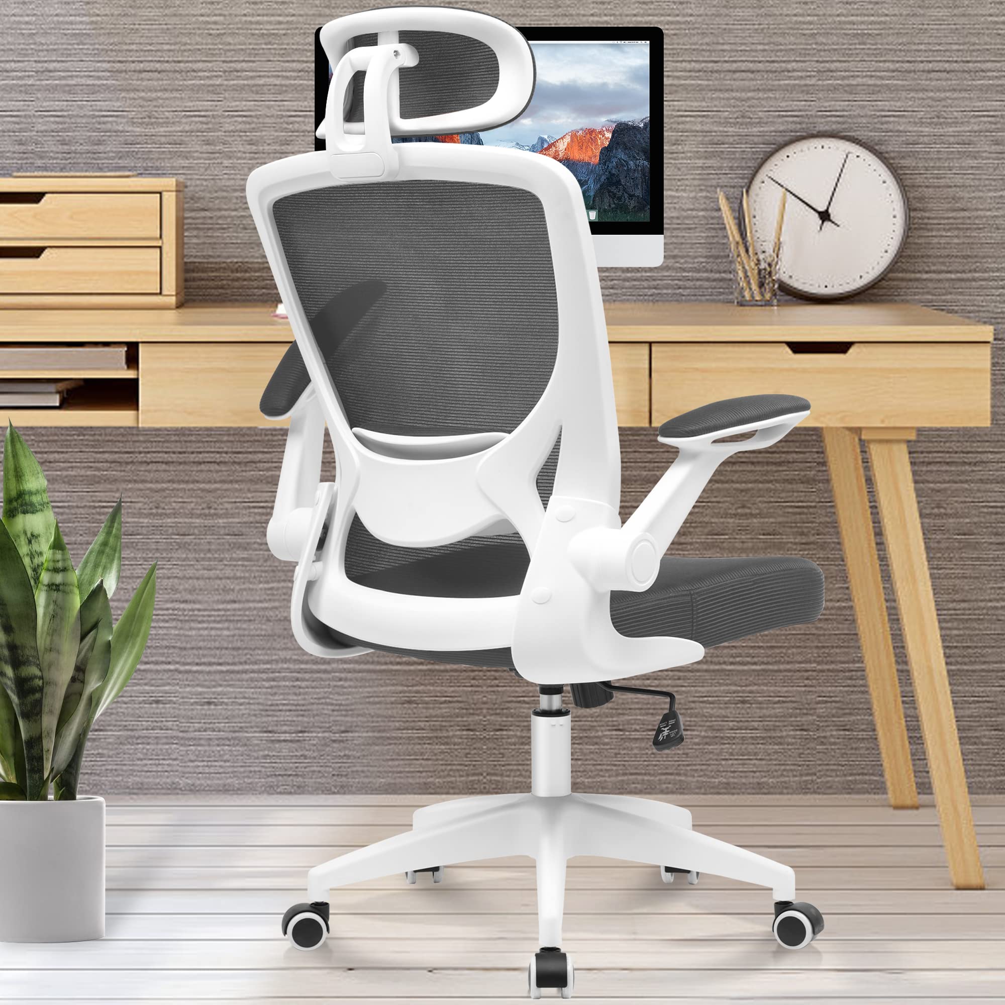 KERDOM Ergonomic Office Chair - Breathable Mesh Desk Chair with Lumbar Support & Headrest, Adjustable Height Swivel Task Chair with Flip-Up Arms - Perfect for Home Office, Gaming & Computer Work (Dark Gray)