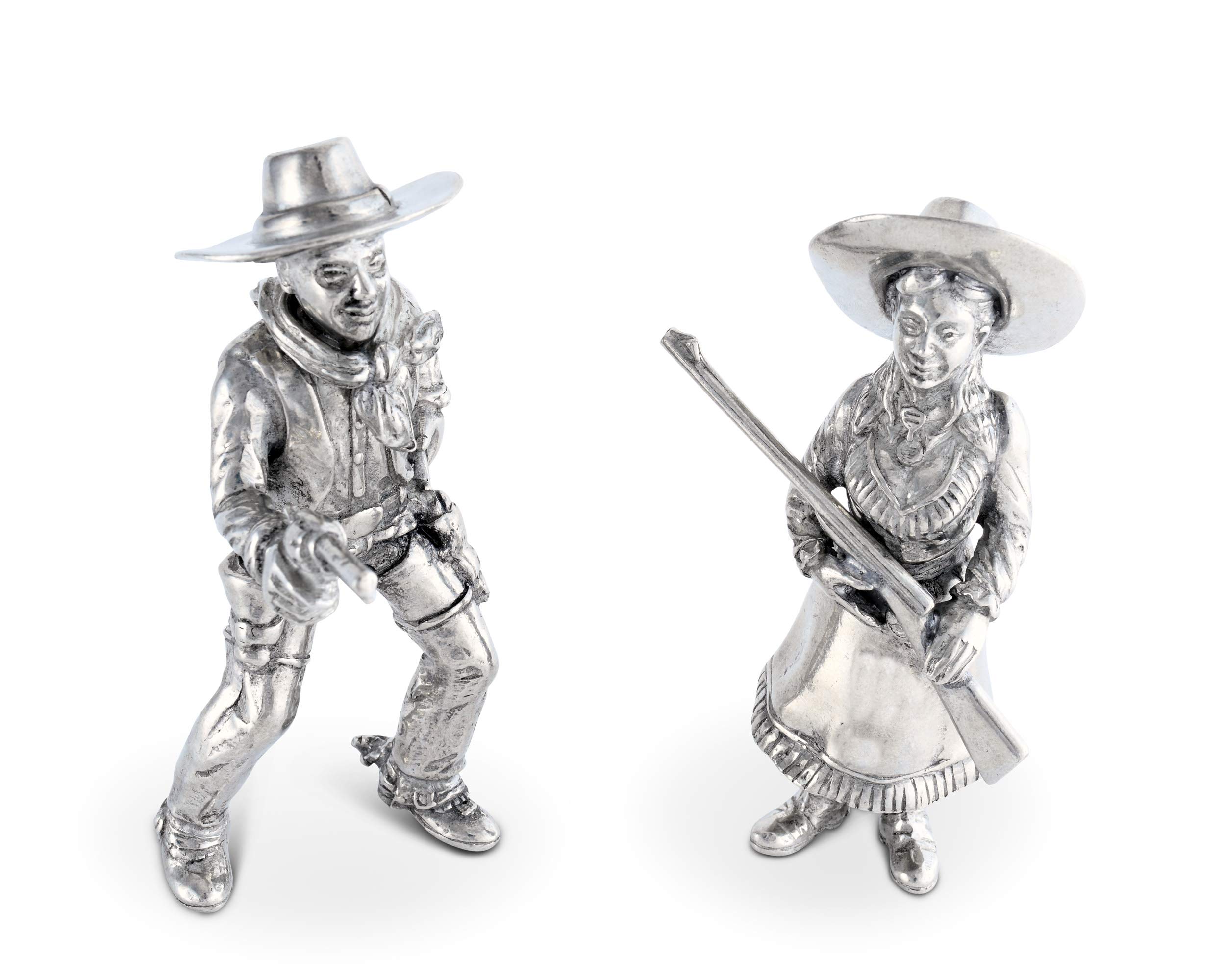 Vagabond House Pewter Cowboy & Cowgirl Salt and Pepper Shaker Set - 5 Inch Tall Western-Themed Kitchen Decor for Ranch, BBQ, and Country Style Dining
