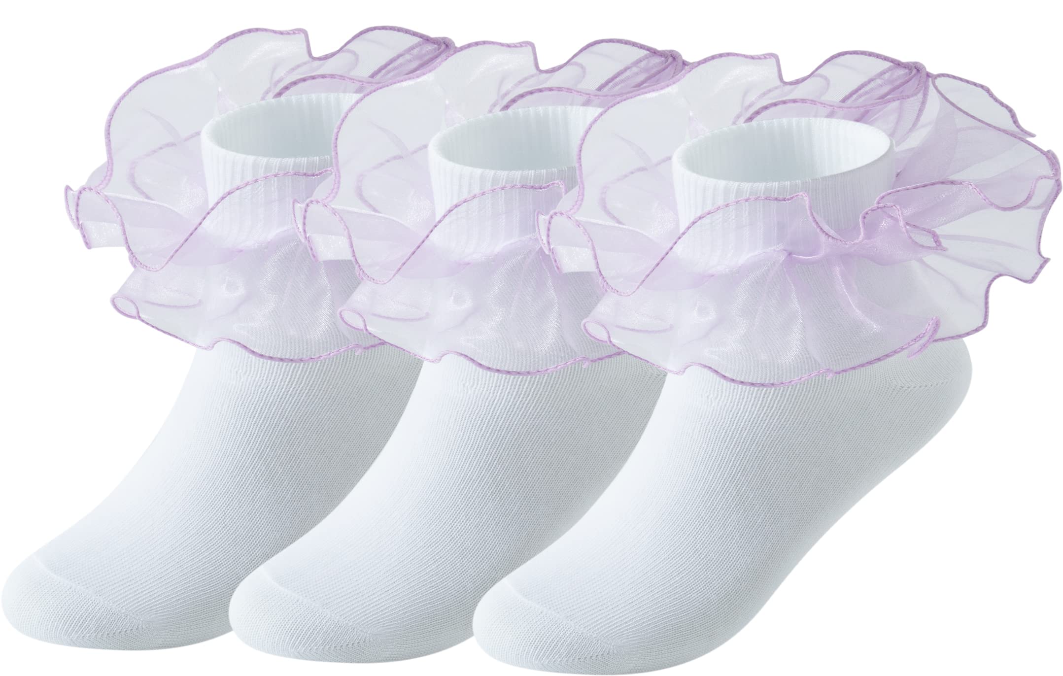 **Little Girls Lace Socks - 3 Pairs Cotton Ruffle Frilly Double Lace Ankle Socks for Princess Pageant, Dress Up & Special Occasions**