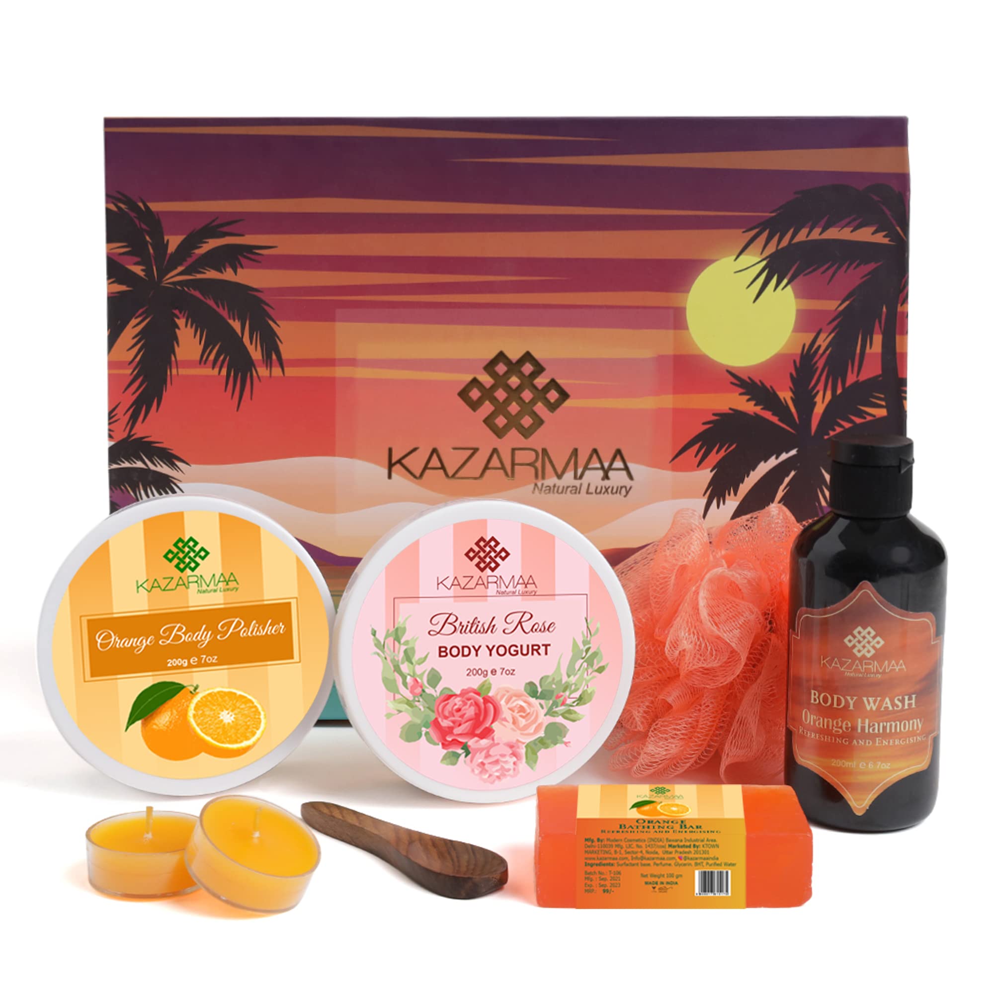 Kazarmaa Skin Care Gift Set - 7 Piece Body Scrub, Bath Gel, Exfoliator & Moisturizer Kit for Spa Day, Tan Removal & Deep Cleansing | Perfect Self-Care & Gift for Women