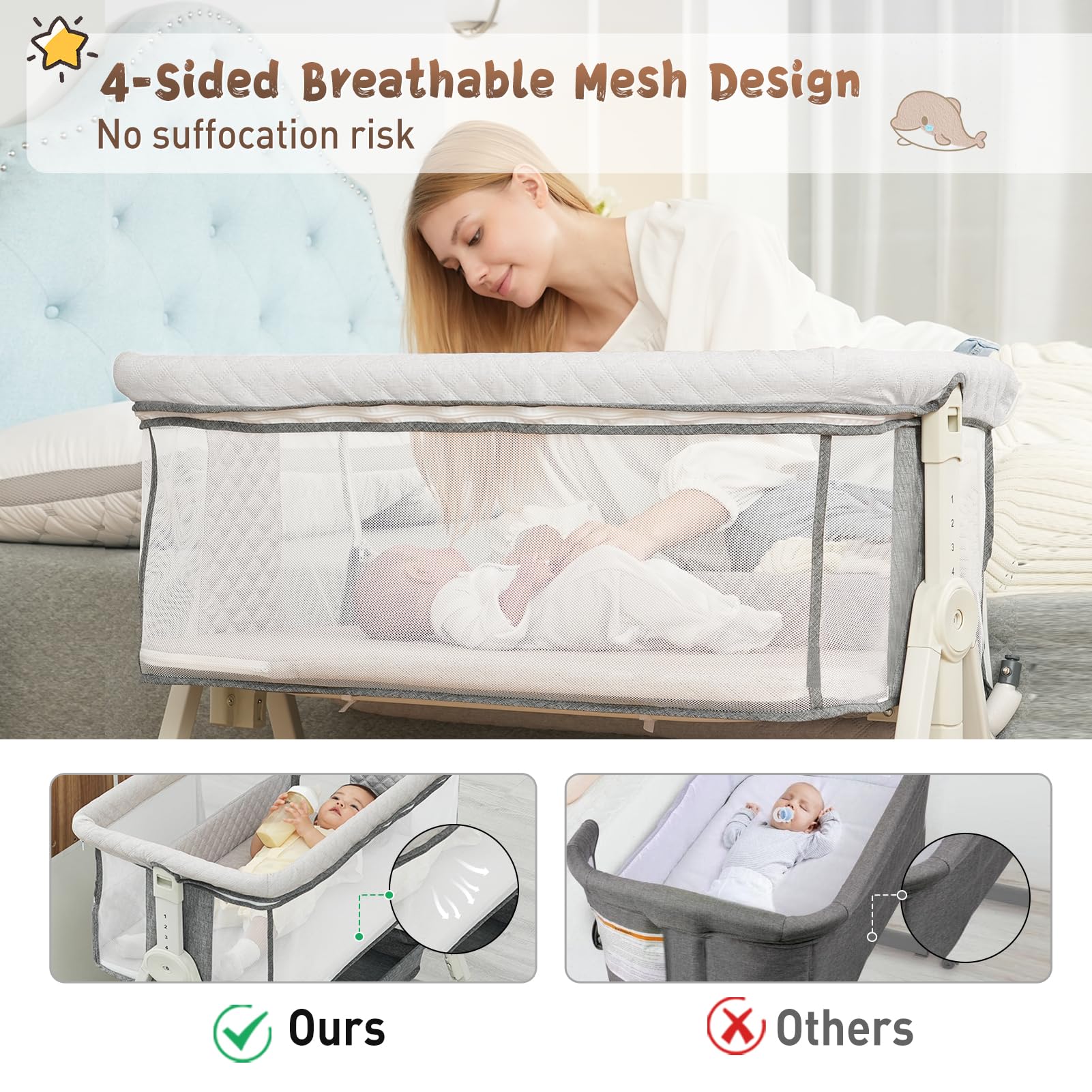 Portable Baby Bassinet Bedside Sleeper with Wheels & Storage Basket - 6 Height Adjustable, Breathable Mesh, Easy Assembly Crib for Newborns & Infants (Grey) | Perfect for Nursery, Bedroom & Travel Use