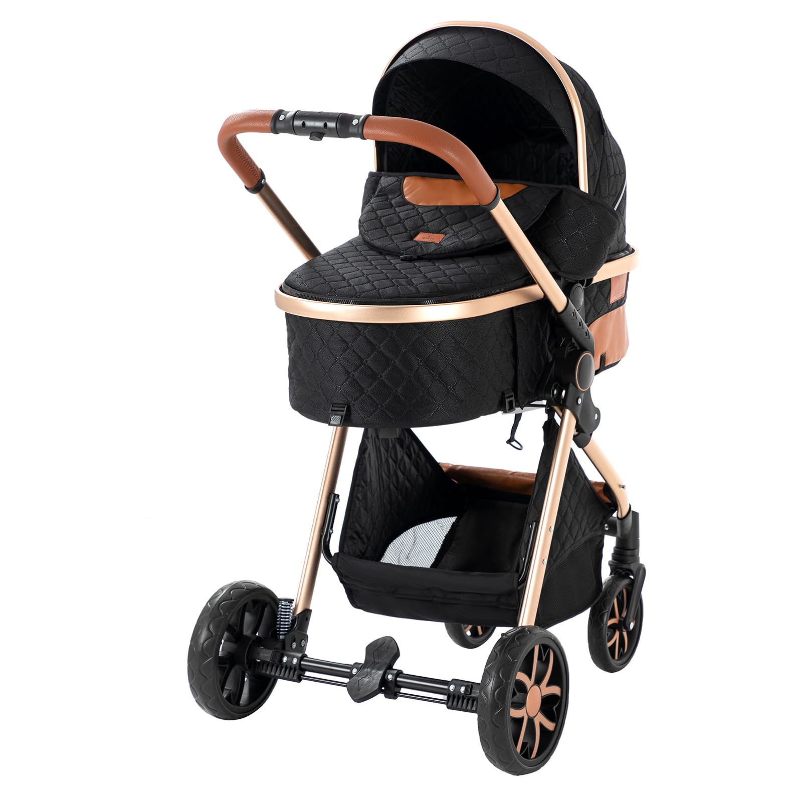 3 in 1 Baby Stroller Travel System - Reversible Newborn Foldable Pram with Infant High Landscape Pushchair, Portable Standard Stroller & Reclining Buggy | Perfect for Shopping, Travel & Outdoor Walks (MGV9-BLACKGOLD without Base)