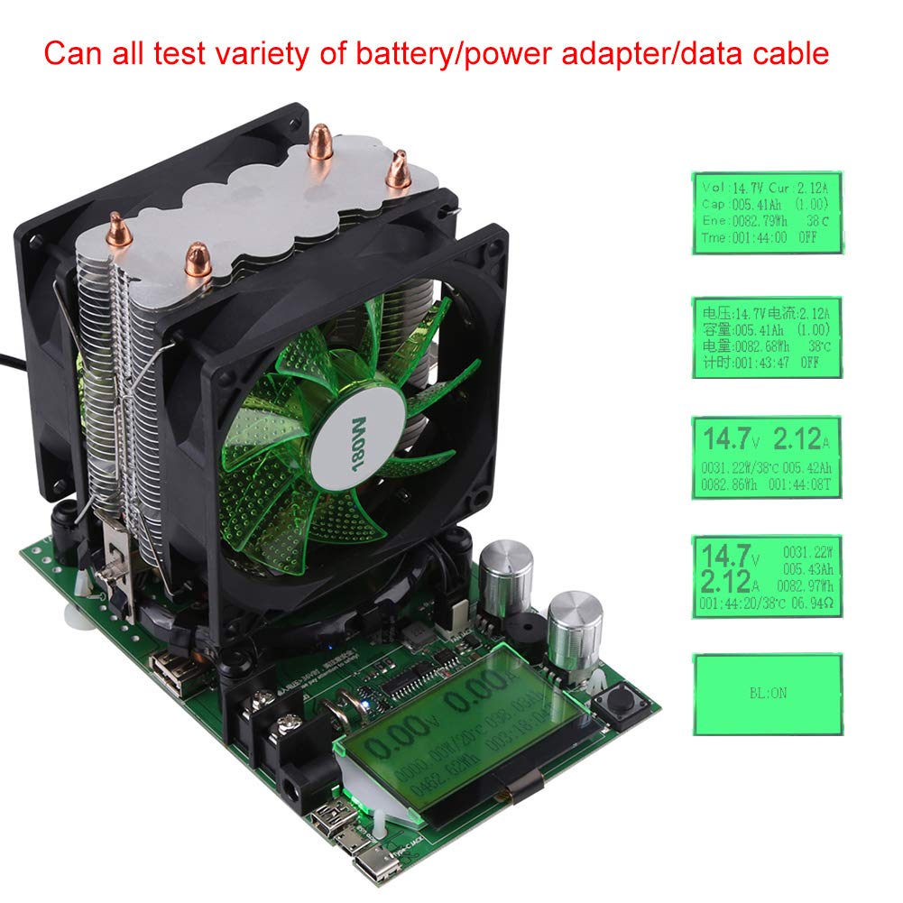 180W USB Battery Capacity Tester - 0-200V 0-20A Constant Current Load Discharge Analyzer with Cooling Fan, US Plug & Clip Cable for Lithium/Pb Battery Testing (Perfect for RC Cars, Solar Systems & DIY Electronics)