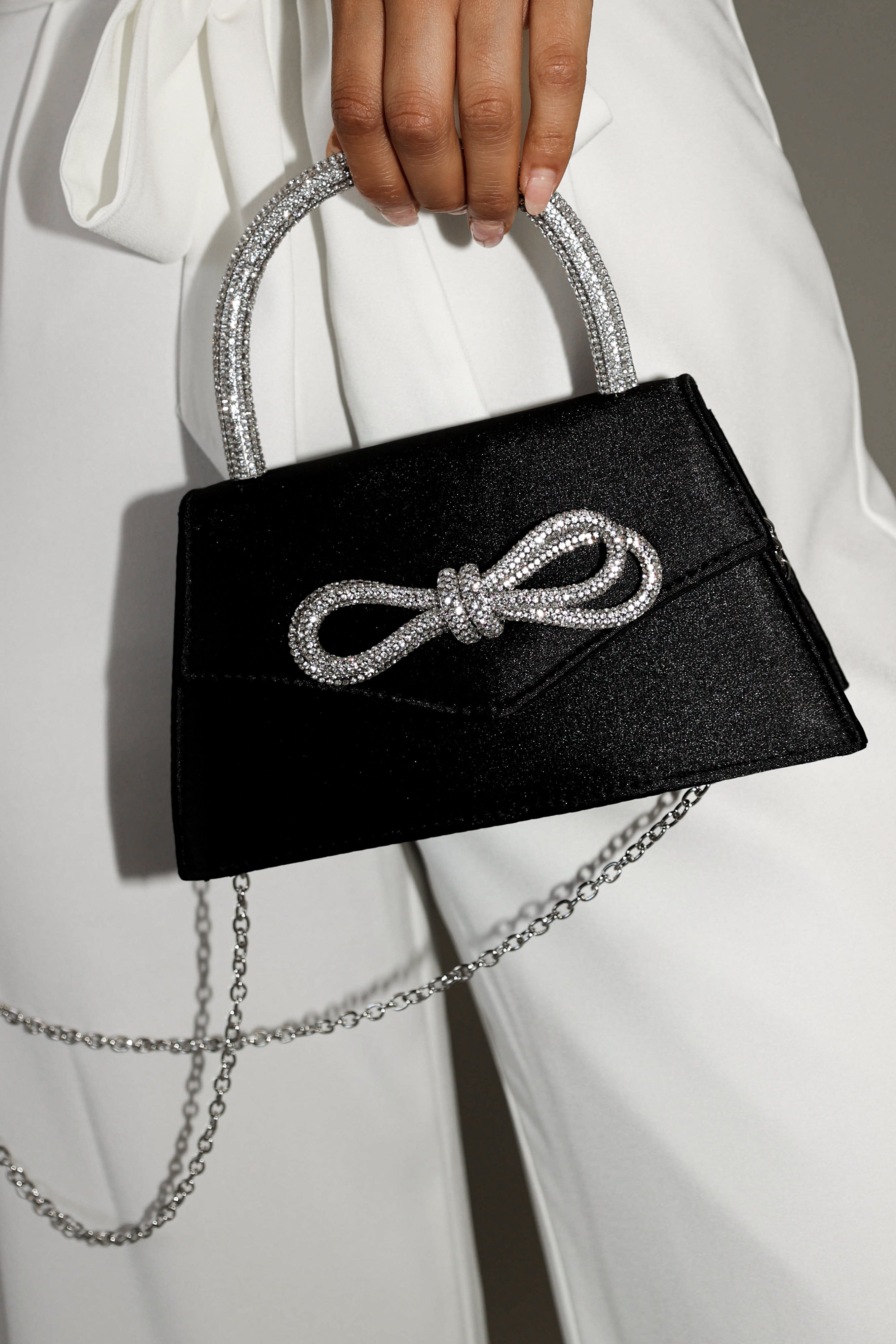 Flicka Rhinestone Bow Bag - Black Satin Evening Clutch for Women, Prom, Wedding & Party Accessories | Elegant Sparkling Handbag for Special Occasions