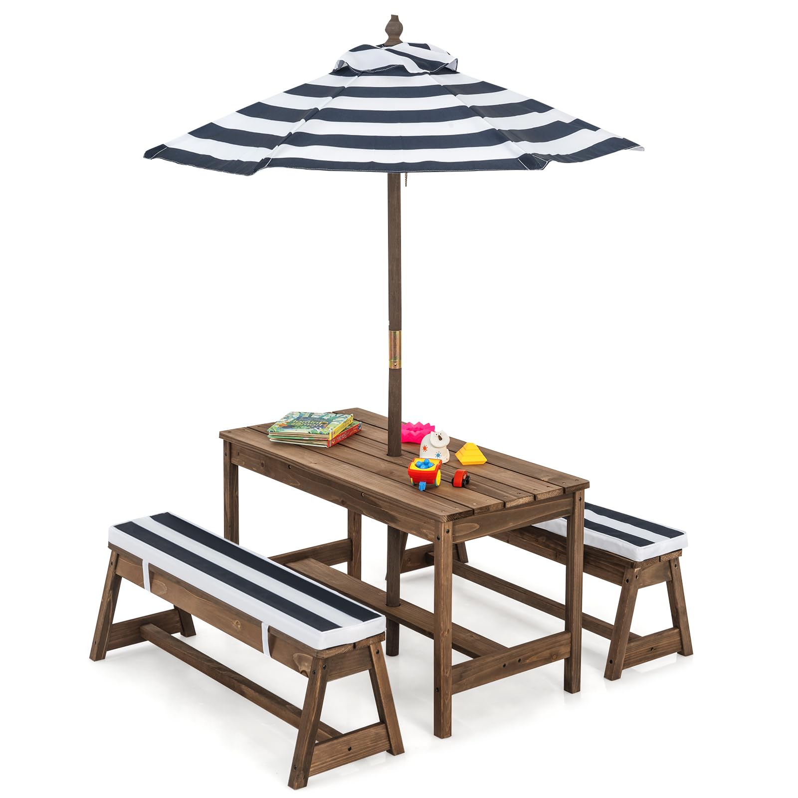 Foldable Wooden Kids Picnic Table Set with Benches & Umbrella - Indoor/Outdoor Playroom Furniture for Toddlers, Children & Babies (Blue) - Perfect for Backyards, Playdates, Daycares & Outdoor Activities