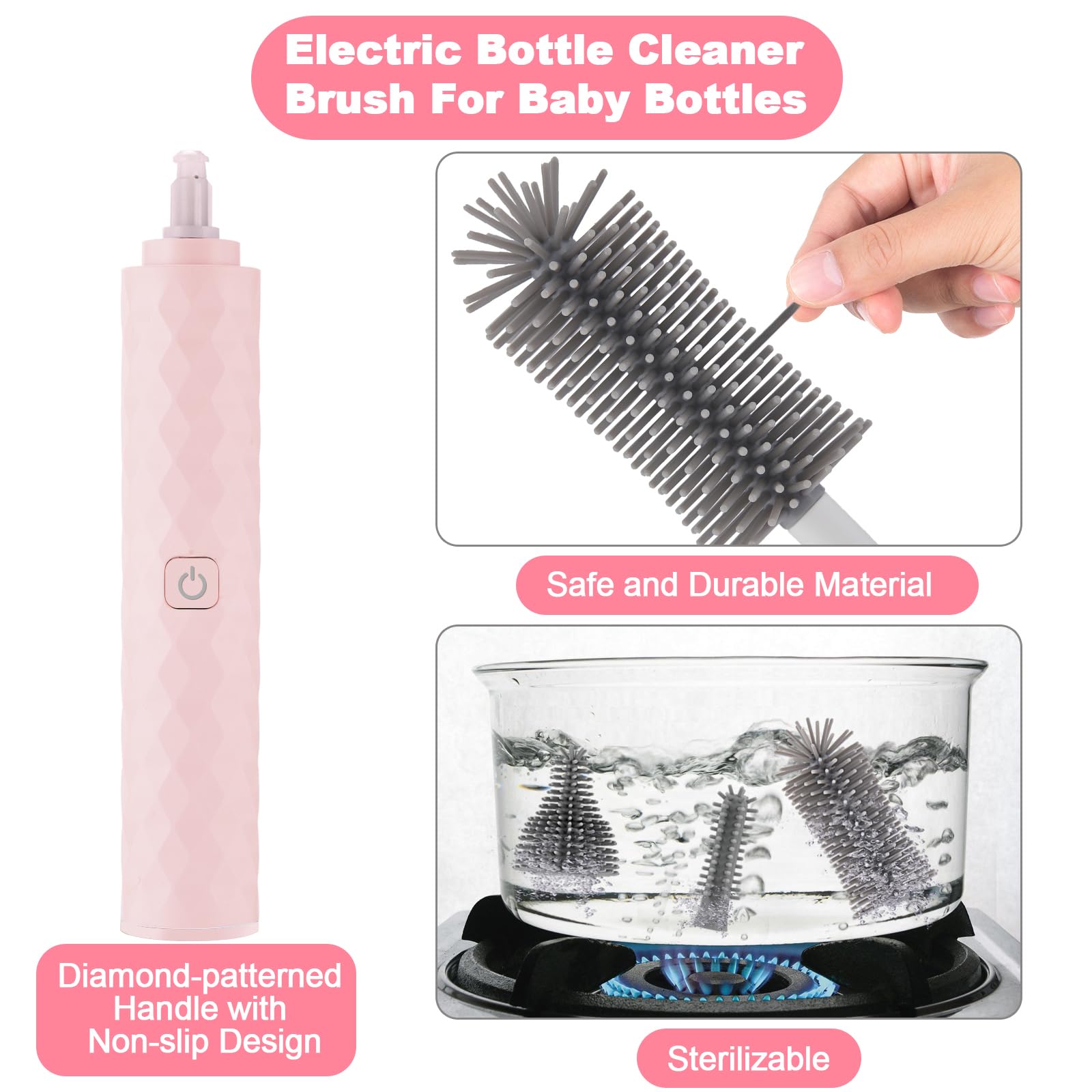 Rechargeable Electric Baby Bottle Cleaner Kit - 3-Piece Silicone Bottle Brush & Straw Brush Set | Automatic Bottle Washer for Infant Feeding Accessories | Perfect for Nursery, Travel & Daily Cleaning (Pink)