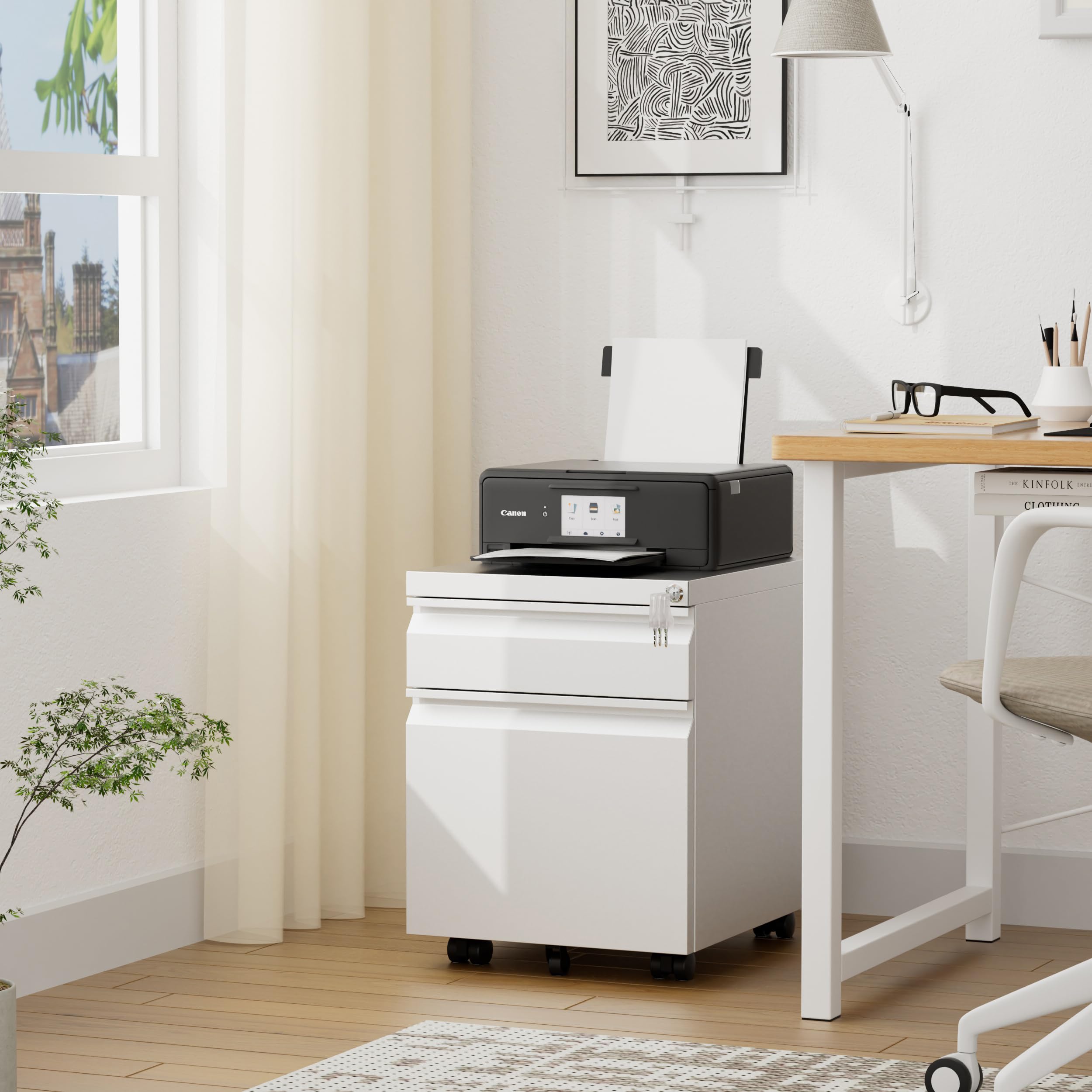 2-Drawer Metal File Cabinet with Lock - Mobile Storage for A4, Letter & Legal Folders - Fully Assembled Home Office Filing Cabinet (White) - Perfect for Organizing Documents, Bills & Office Supplies