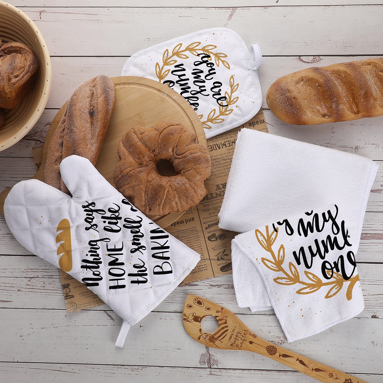 10-Piece Sublimation-Ready Oven Mitt Set - 2 Heat Resistant Gloves, 2 Hot Pads, 2 Kitchen Towels & 4 Dish Towels - DIY Customizable Kitchen Accessories for Baking, Cooking & Home Decor (White)