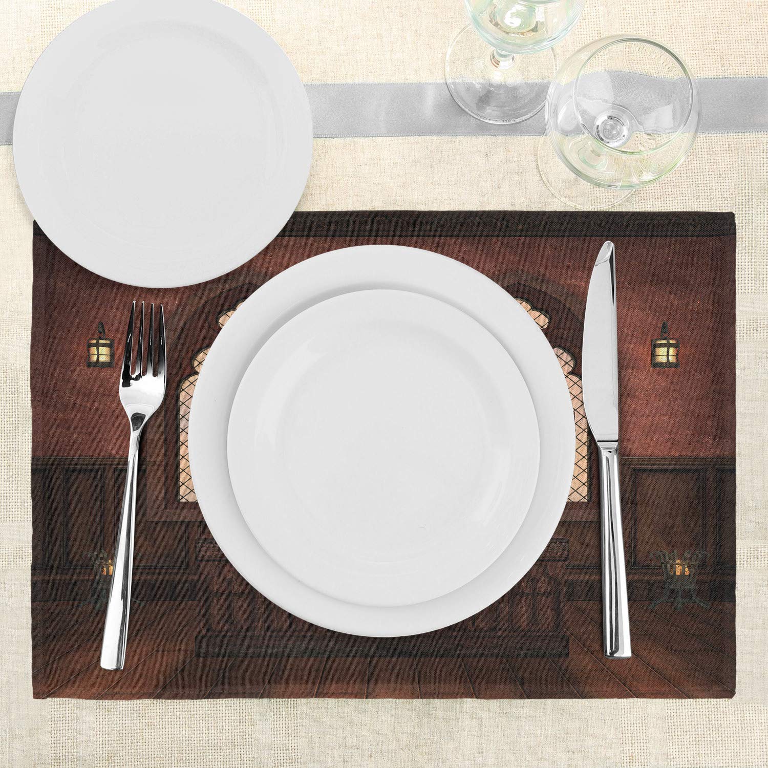 Ambesonne Gothic Place Mats Set of 4 - Medieval Altar Design Washable Fabric Placemats for Dining Table, Kitchen Decor - Perfect for Halloween, Gothic Themed Parties & Boho Home Decor (Brown)