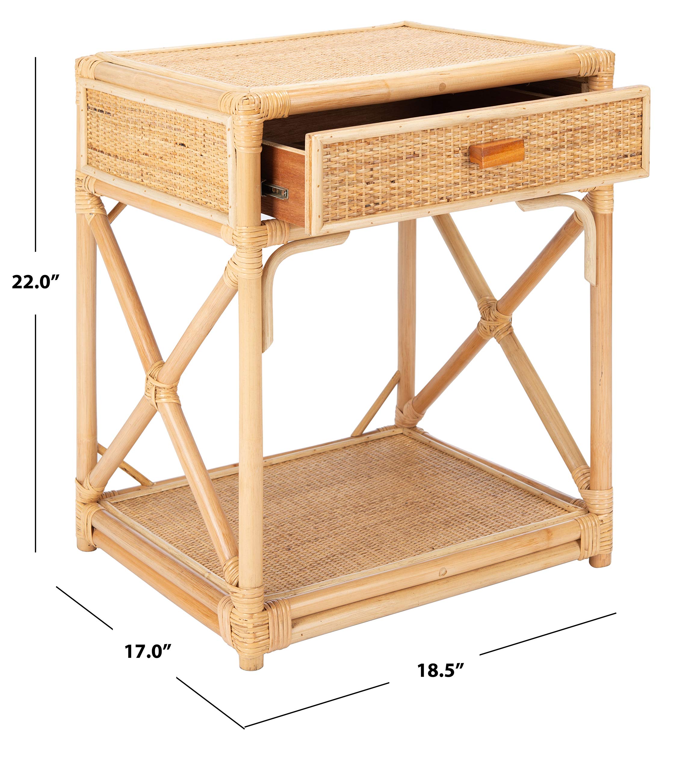 Safavieh Home Bali Coastal Natural 1-Drawer 1-Shelf Nightstand - Beach Style Bedside Table for Bedroom, Living Room & Guest Room Decor
