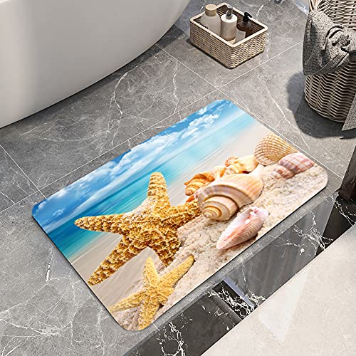 Non-Slip Bath Rugs - Super Absorbent Sponge Foam Bathroom Mat with 3D Flannel Print, Durable Water Clearance Carpet for Bathroom, Laundry Room & Kitchen - Beach Themed Decor for Coastal Home Style