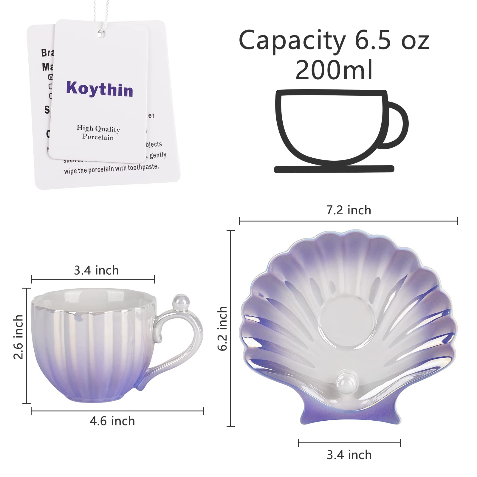 Premium Koythin Ceramic Coffee Mug with Saucer - Elegant Pearl Shell Design, 6.5 oz (200ml) Tea & Latte Cup for Office, Home, Gifts - Gradient Purple - Perfect for Morning Coffee, Afternoon Tea, and Cozy Relaxation