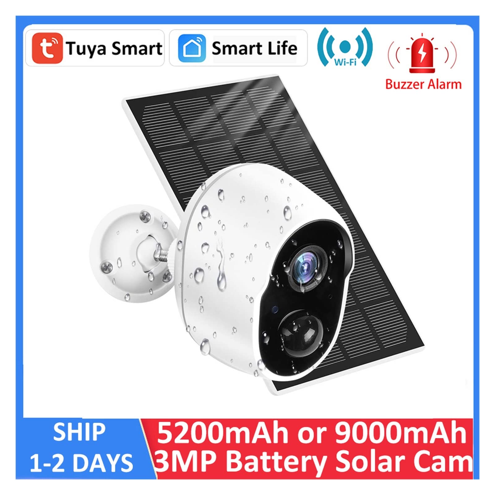 MZZYG 3MP Solar Security Camera with Tuya Smart Life App - 5200/9000mAh Rechargeable Battery, 1080P Outdoor WiFi Surveillance Camera with Siren (No Alexa) - Ideal for Home Security, Yard Monitoring & Property Protection