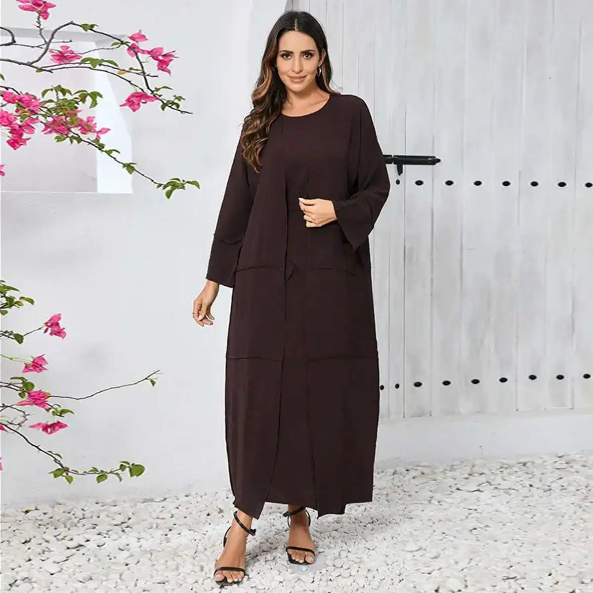 10 Color Options 3-Piece Wrinkled Abaya Dress Set - Outer Abaya, Mid Wrap & Sleeveless Inner Dress | Modest Islamic Fashion for Prayer, Eid & Special Occasions