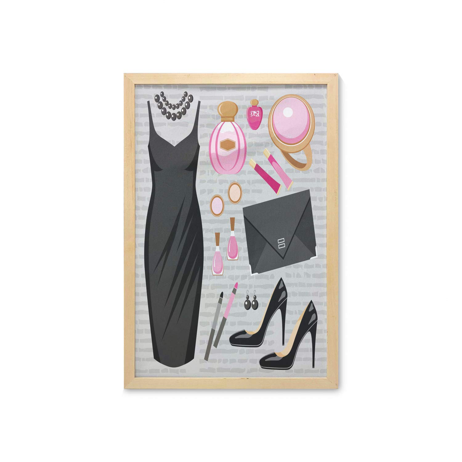 Ambesonne Women's Fashion Wall Art Print - Black Cocktail Dress with Heels, Perfume & Clutch Bag - 23x35 Inch Framed Fabric Poster for Bathroom, Living Room, Bedroom & Dorm Decor - Pale Brown & Pink Aesthetic Home Décor | Perfect for Fashion Lovers' Spaces & Gift Ideas