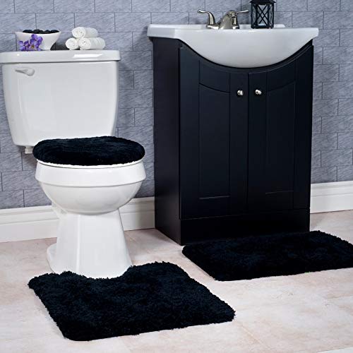 Versatile Solid Plain Bathroom Set - Non-Slip Rubber Backing Bath Rug & Toilet Lid Cover in Multiple Colors (#6 Black) | Perfect for Modern Bathrooms, Guest Suites & Powder Rooms