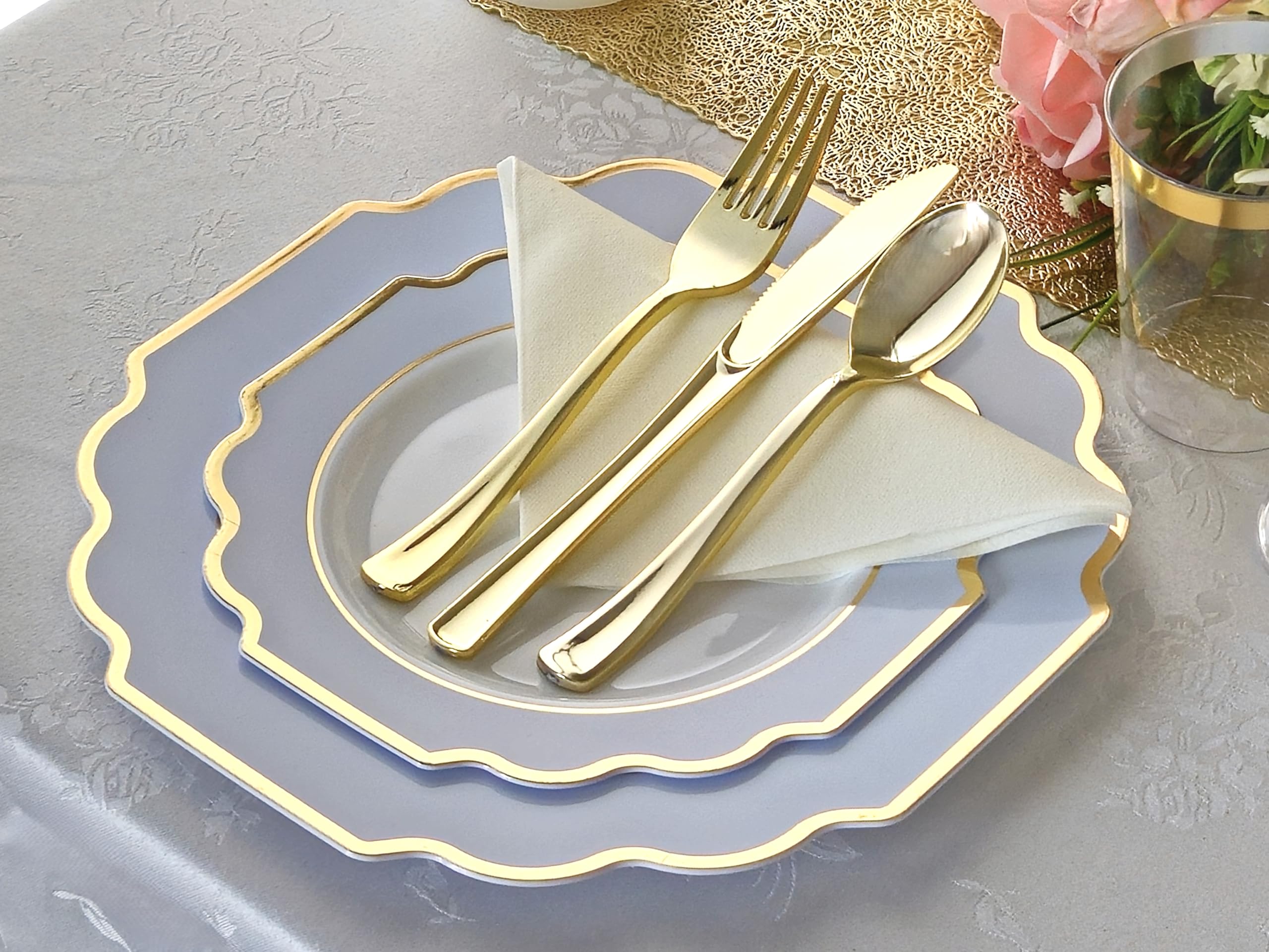 120-Pack Heavyweight Disposable Plastic Plates for Weddings & Parties - 10.5'' Dinner Plates in Elegant White, Blue & Gold - Perfect for Wedding Receptions, Birthday Parties & Special Events