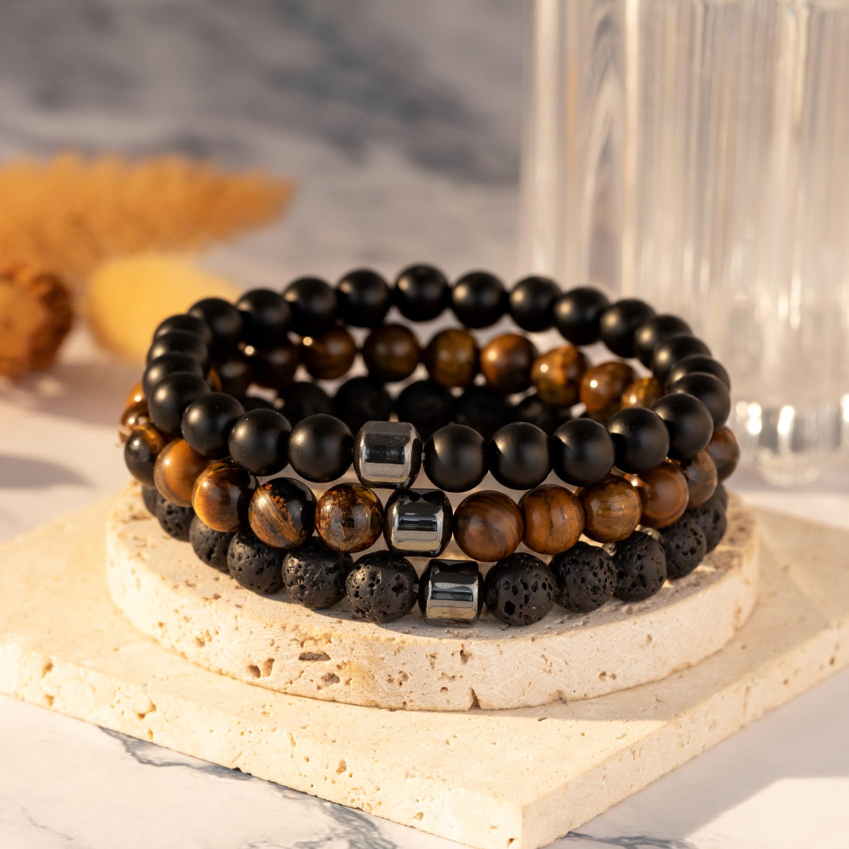 MOROTOLE Men's Beaded Bracelet Set - 8MM Natural Tiger Eye Stone & Lava Rock Stretch Bracelet with Black Crystal Beads - Adjustable for Wrist Sizes - Perfect Gift for Men, Father, Boyfriend, Brother - Ideal for Casual Wear, Office, and Outdoor Adventures