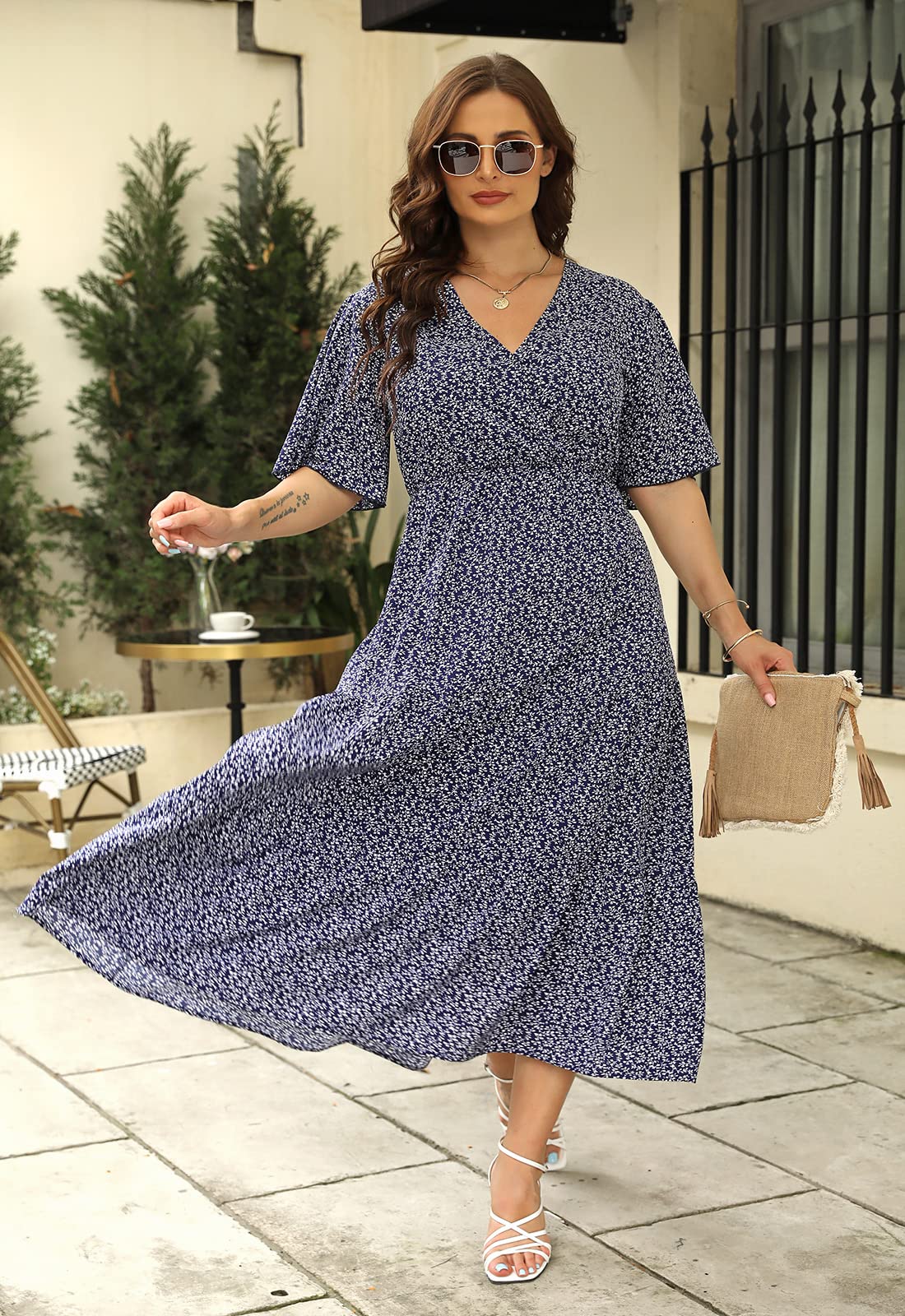 Keluummi Plus Size Wedding Guest Maxi Dresses for Curvy Women - Summer Casual Boho Floral Long Party Sundress with 3/4 Sleeve | Perfect for Beach Weddings, Garden Parties & Vacation Outfits