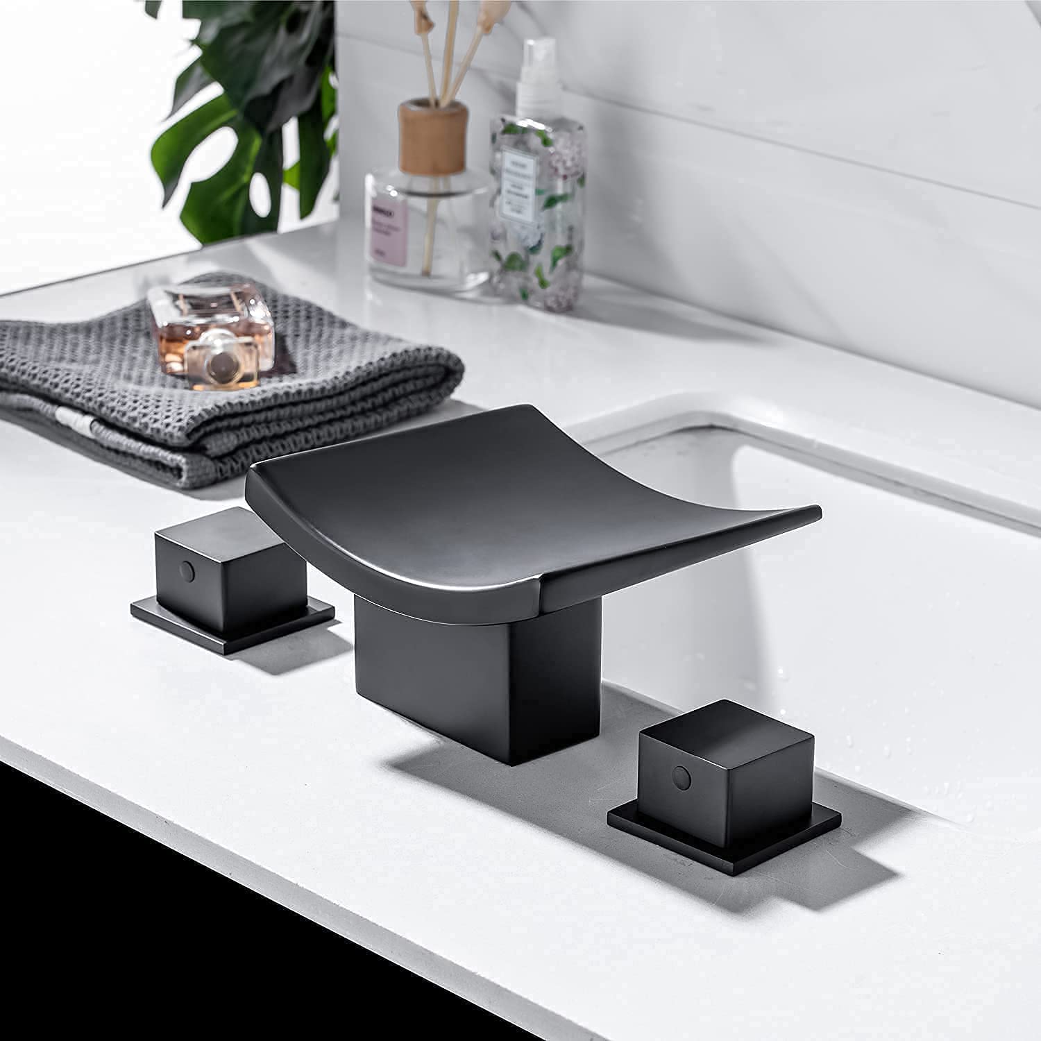Modern Matte Black Bathroom Faucet - 3 Hole Widespread Dual Handle Brass Basin Mixer Tap with Supply Hoses - Waterfall Spout Design for Vanity Sink - Perfect for Contemporary Bathrooms & Powder Rooms