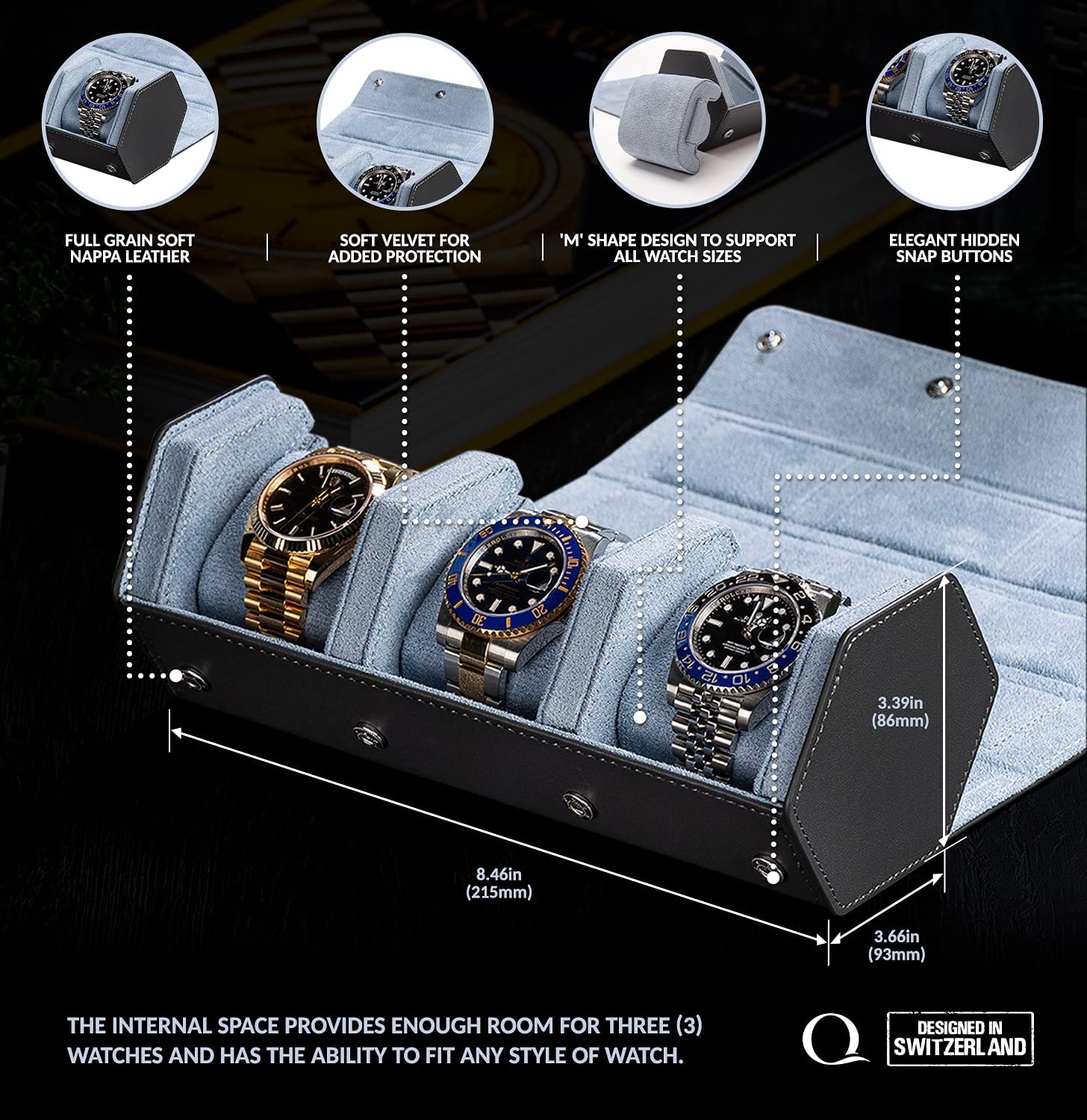 Genuine Leather Watch Case & Stand Set - Grey, Light Blue, Green, Black - Premium Watch Storage & Display for Men & Women - Perfect for Travel, Home, Office, and Gift Giving