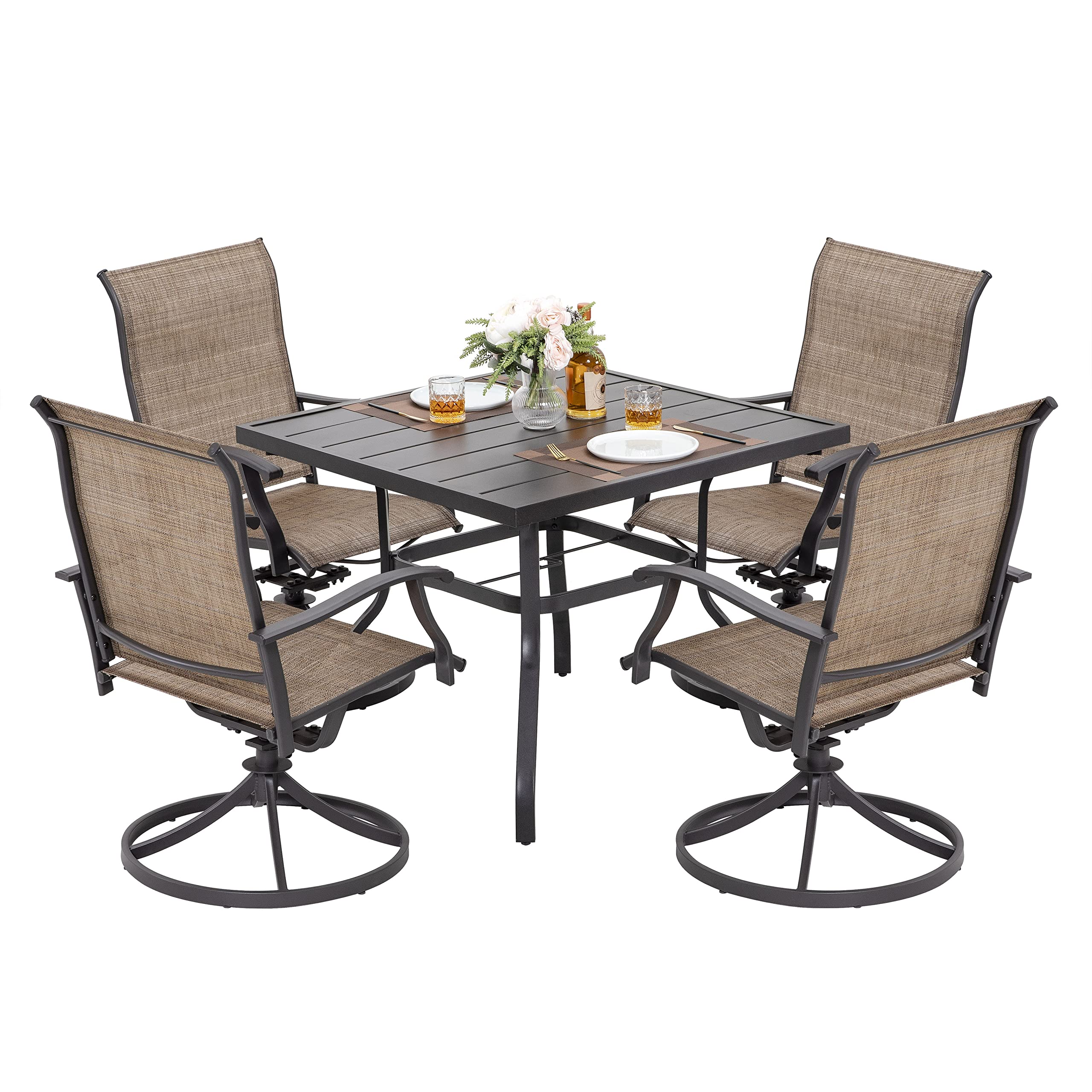 NUU GARDEN 5-Piece Outdoor Dining Set - Black & Brown Iron Patio Furniture with 1.57