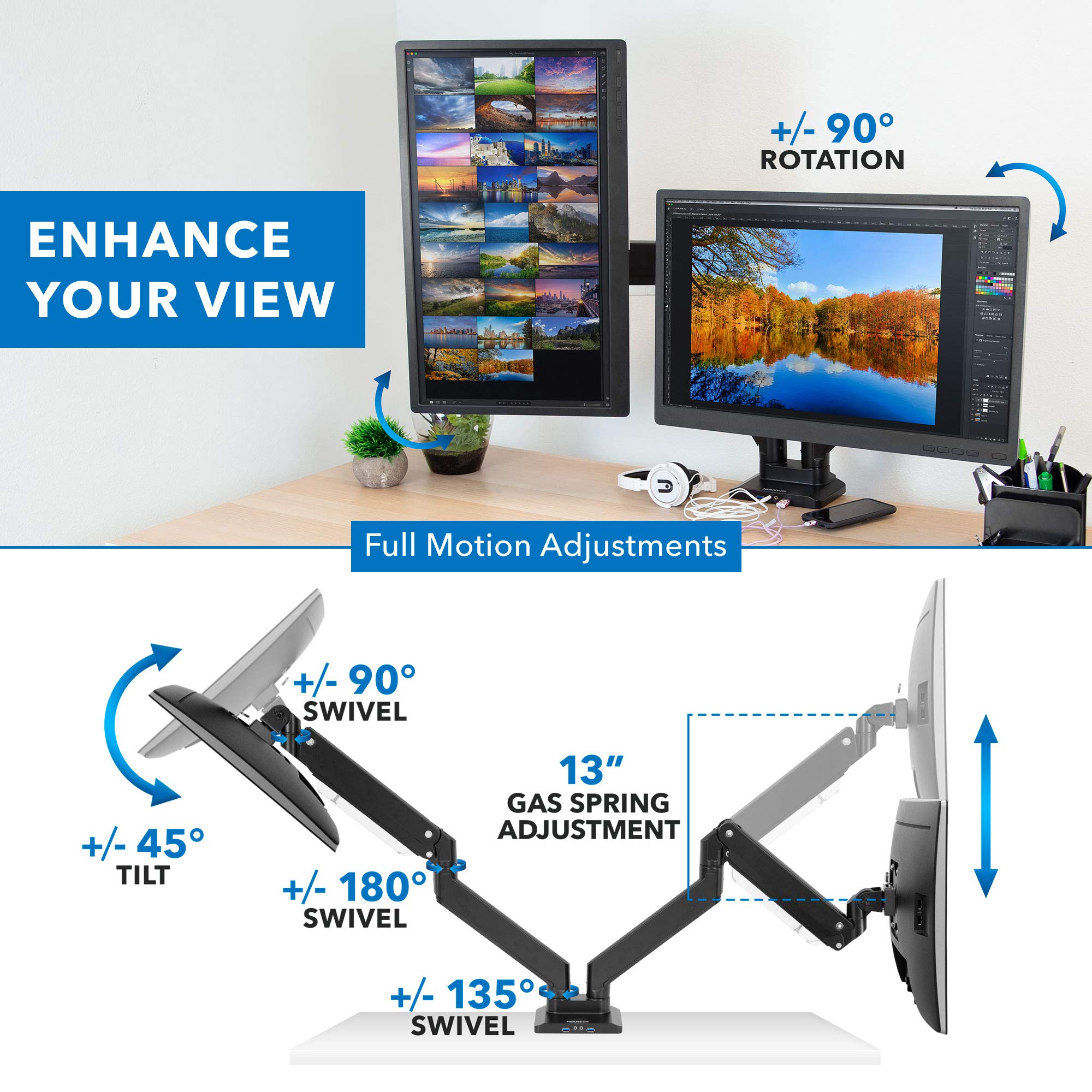 MOUNT-IT! Heavy Duty Dual Monitor Desk Mount Stand with USB 3.0 Ports - 33 lbs Capacity Per Arm, Adjustable Gas Spring, Full Motion Articulating Arms for Computer Screens (17-35 inch VESA Compatible) - Perfect for Home Office, Gaming Setup & Workspace Ergonomics