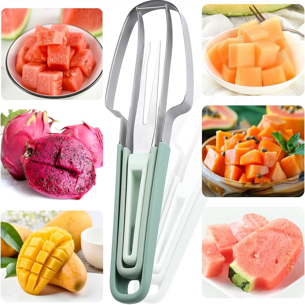 3-in-1 Watermelon Slicer & Fruit Carving Tool Set - Portable Melon Baller, Grape Cutter & Scoop for Camping, Kitchen & Picnics (2-Pack Combo) | Perfect for Summer BBQs, Fruit Salads & Party Platters