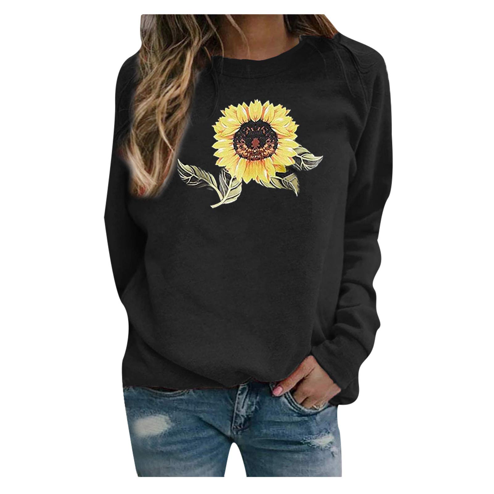 Sunflower Print Women's O-Neck Pullover Sweatshirt - Long Sleeve Casual Cardigan in Brown | Perfect for Fall Layering, Coffee Dates & Weekend Outfits