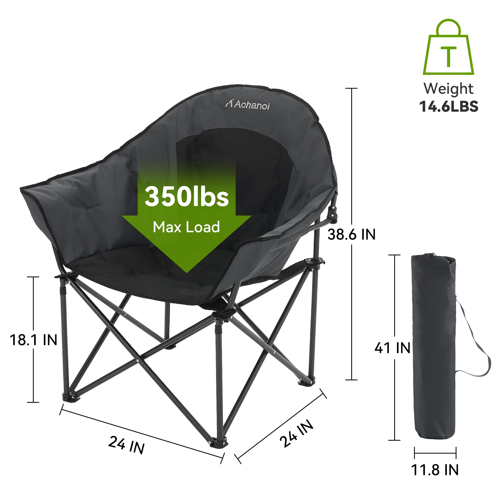 Extra Wide Heavy Duty Camping Chair for Adults - 350lbs Weight Capacity, Oversized Padded Folding Moon Chair for Outdoor, Lawn, Beach & Backyard Relaxation - Perfect for Camping, Picnics & Tailgating (Black)