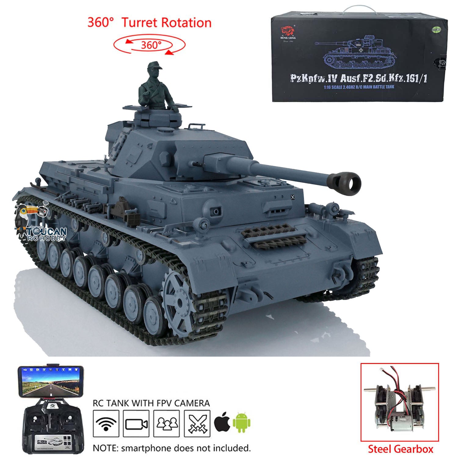 Henglong 1/16 Scale 7.0 Channel Radio Control Tank 3859 - German Panzer IV F2 RC Model with Steel Gearbox, 360° Rotating Turret & FPV Engine Sound - Perfect for Military Enthusiasts and RC Hobbyists