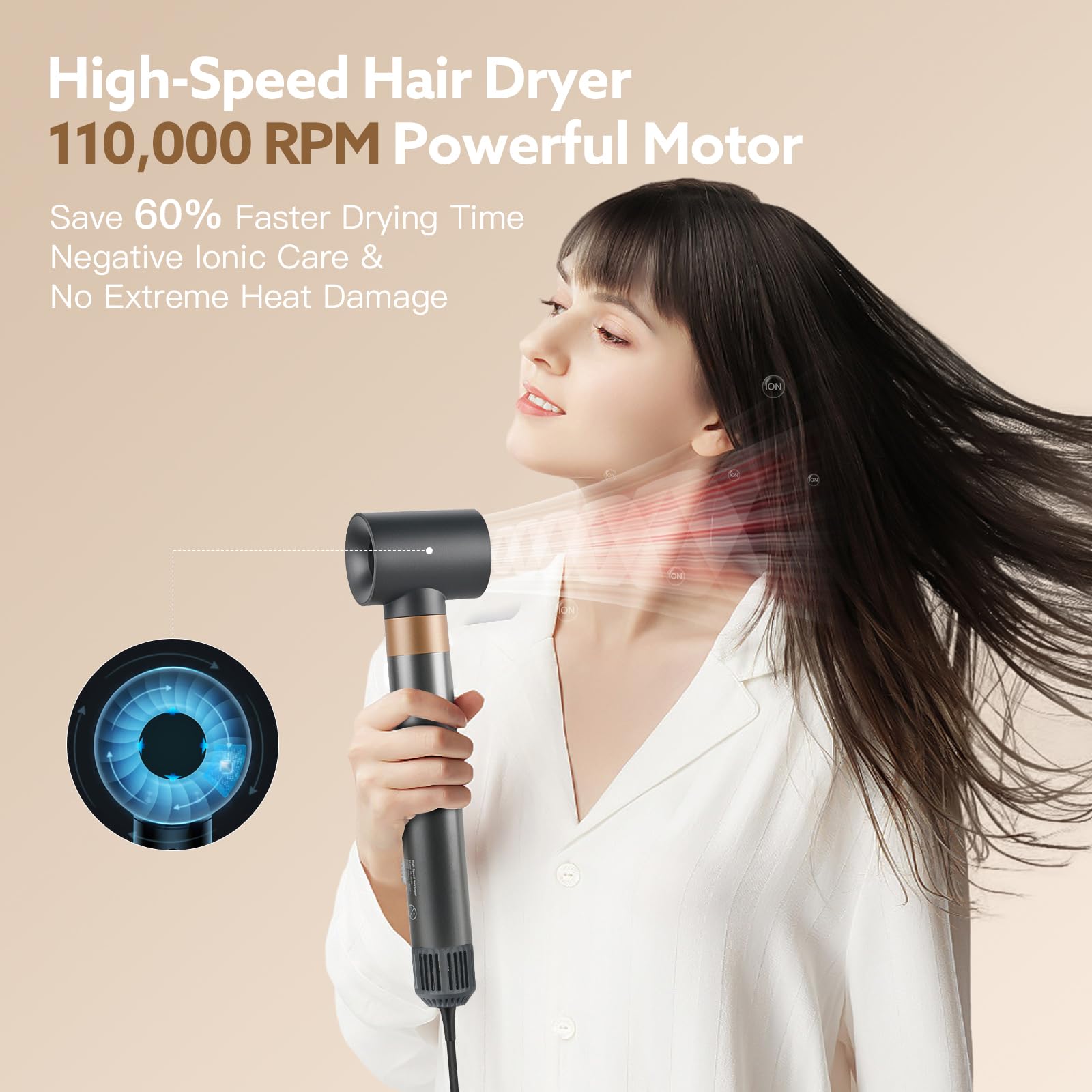 Webeauty 5-in-1 Professional Hair Dryer Brush - Ionic Hot Air Styling Tool with Fast Drying, Volumizing & Straightening | 2-in-1 Blow Dryer & Curling Iron for Salon-Quality Styling at Home (Grey Gold) - Perfect for Daily Hair Care, Travel & Salon Styling