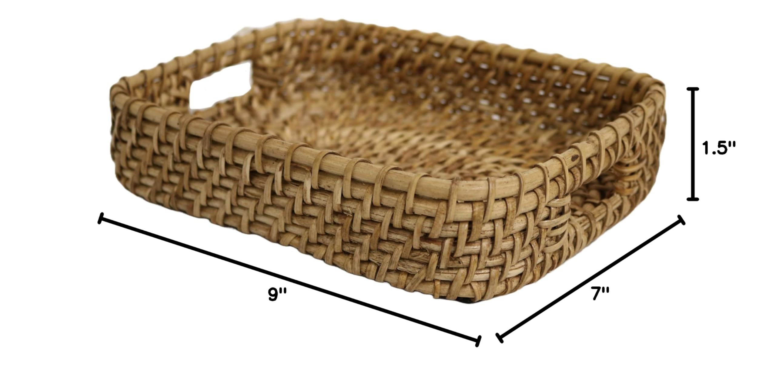 Home&Manor 9 Inch Rattan Rectangle Serving Tray - Natural Woven Basket for Breakfast in Bed, Coffee Table Decor, Bathroom Organization